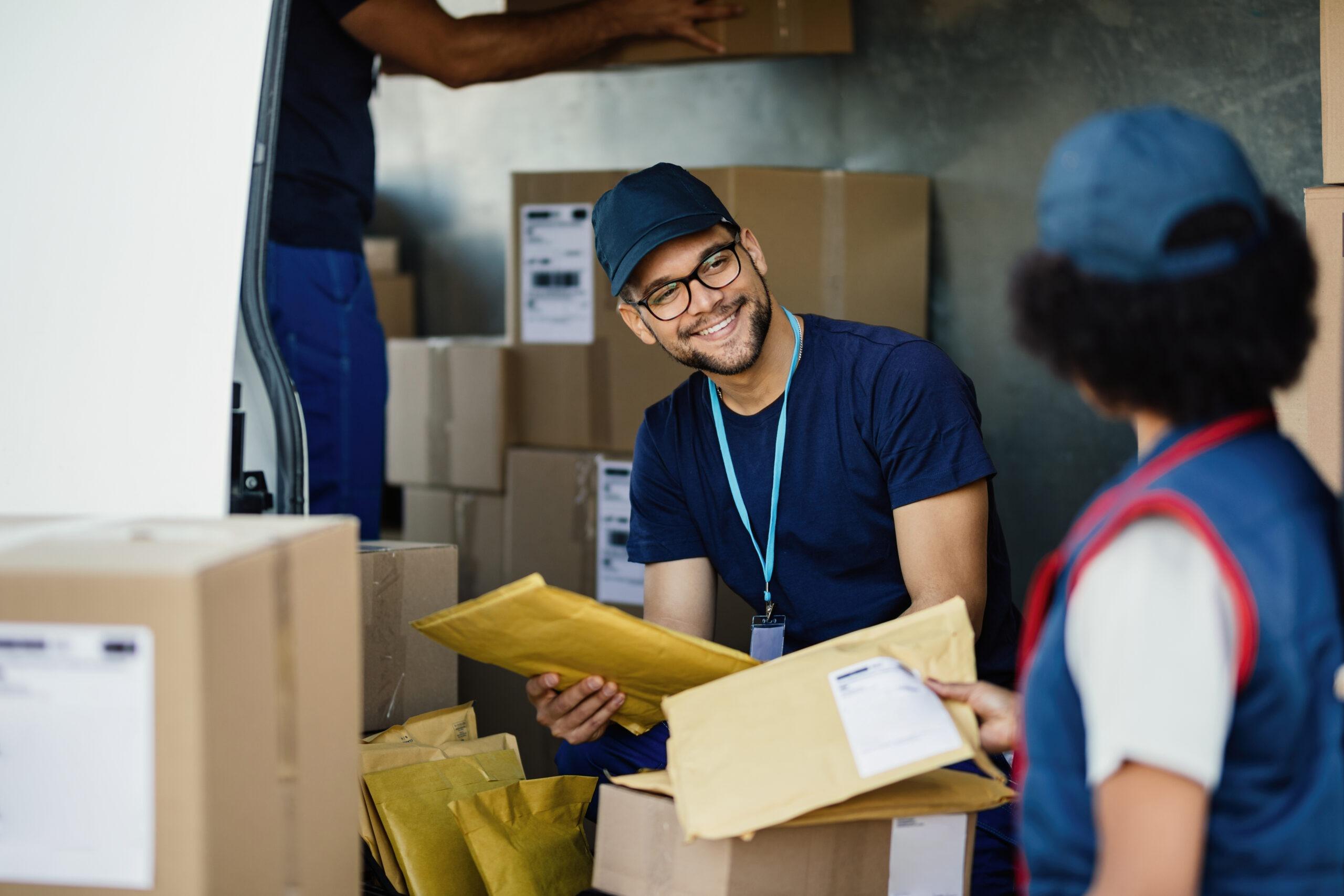 Moving professionals discussing delivery details