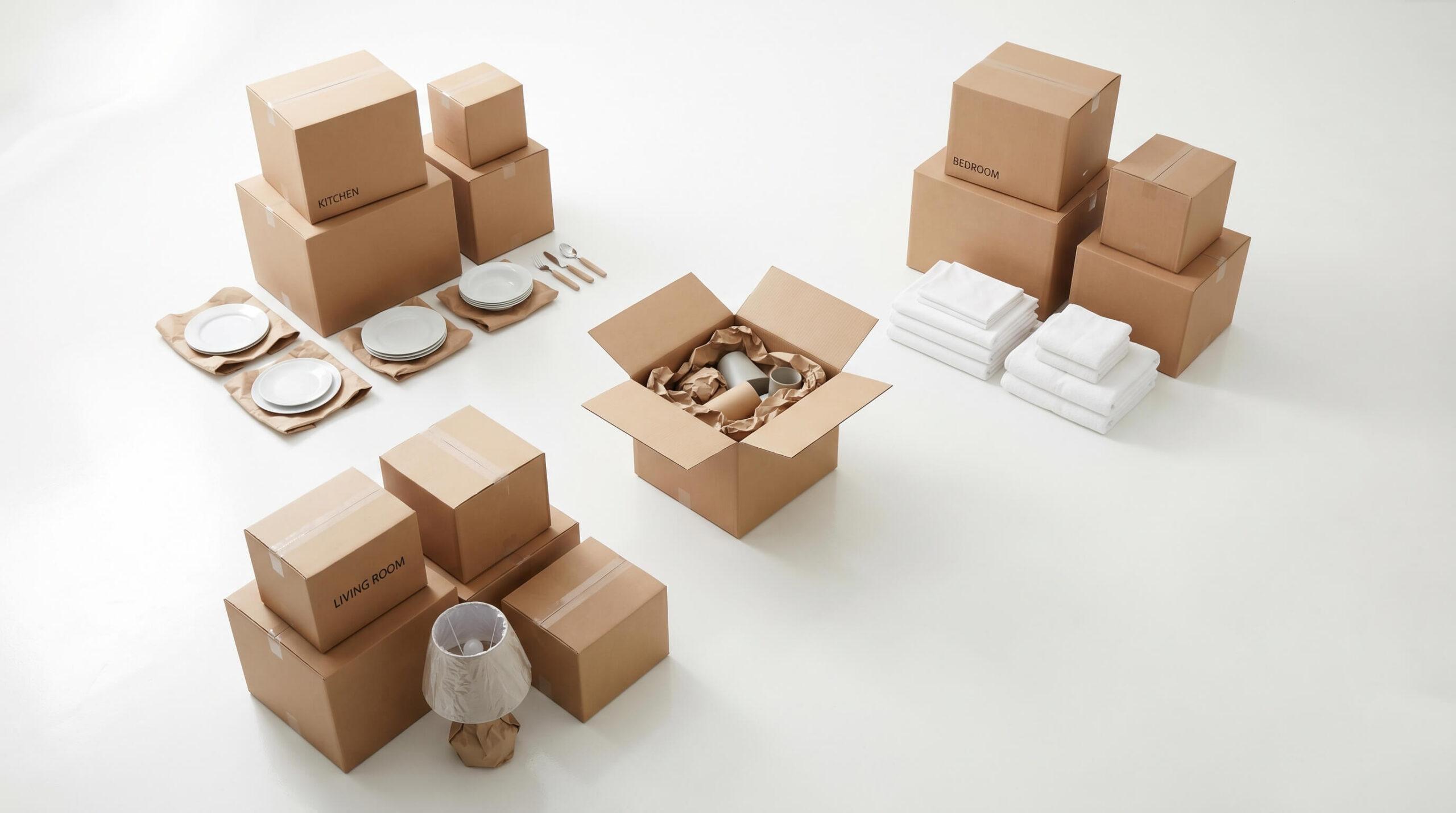 Household dishes and kitchen items being carefully packed into moving boxes for a home relocation