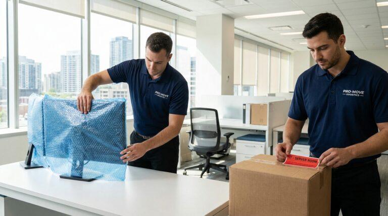 Two Ardie's Movers crew members carefully preparing and packing office items for a commercial relocation