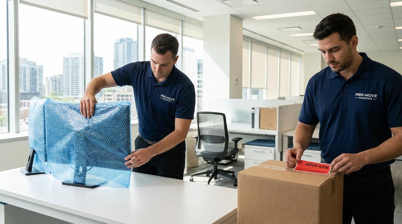 Two Ardie's Movers crew members carefully preparing and packing office items for a commercial relocation
