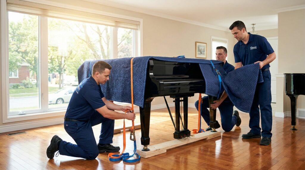 Ardie's Movers piano moving specialists carefully transporting a grand piano during a piano relocation