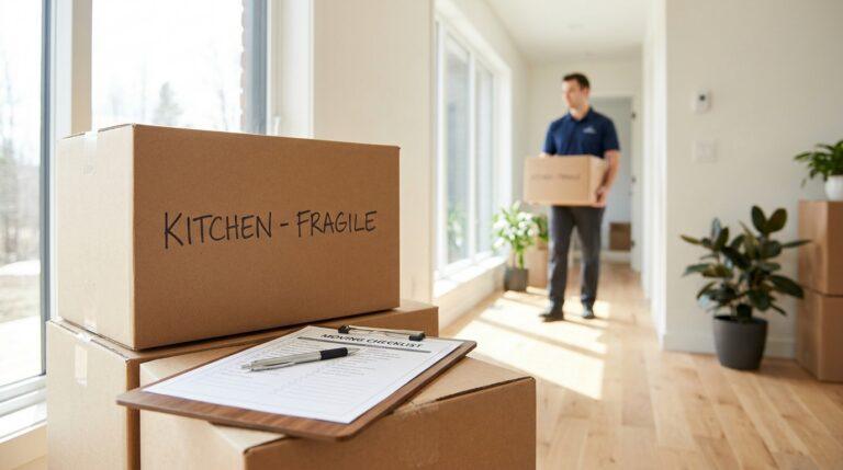 Labeled moving boxes including fragile kitchen items with professional mover preparing for home relocation