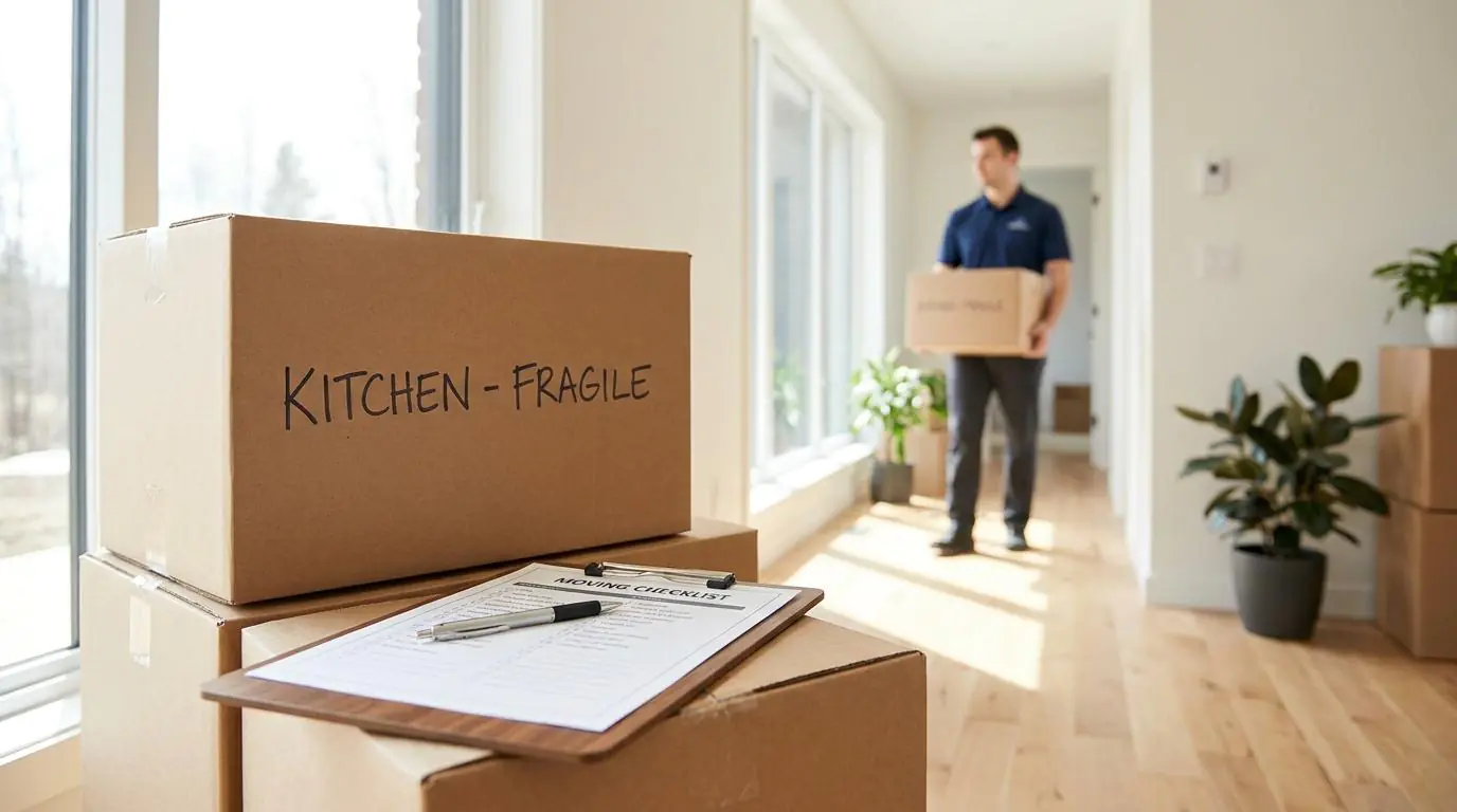 Labeled moving boxes including fragile kitchen items with professional mover preparing for home relocation
