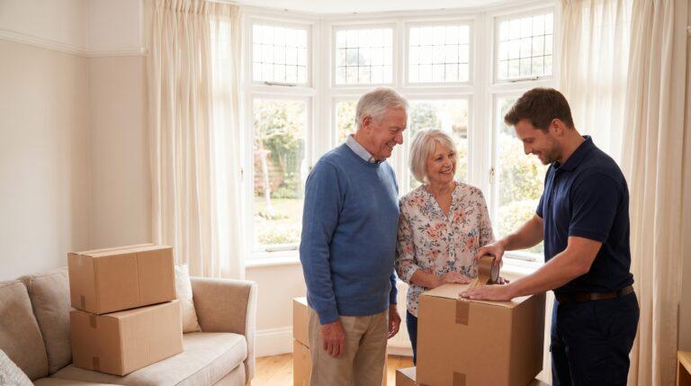 Ardie's Movers crew helping senior couple sort and unpack during a compassionate downsizing move in Ottawa Valley