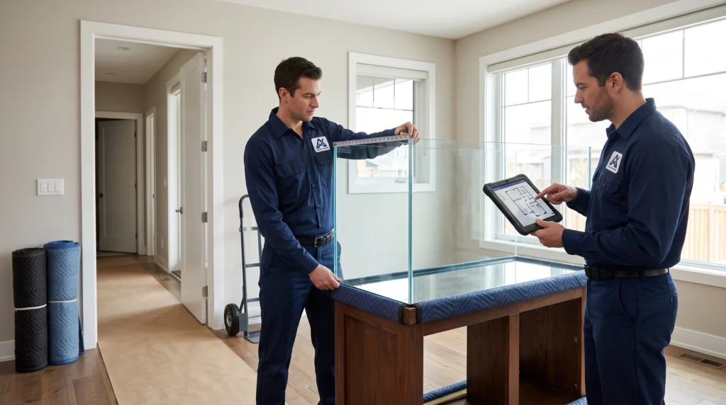Ardie’s Movers assessing an empty fish tank and measuring the doorway route