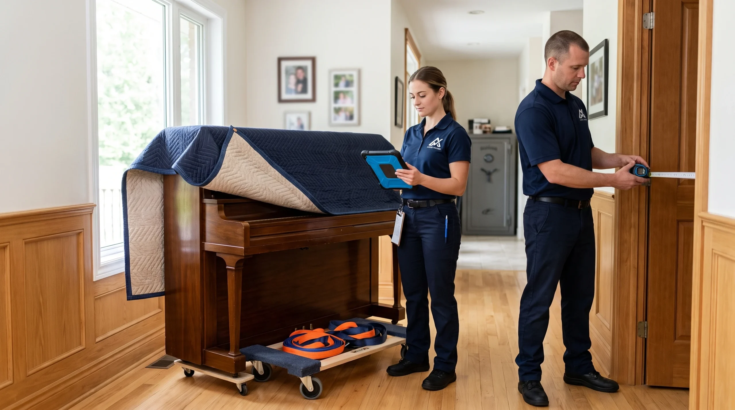 Ardie’s Movers measuring doorway access while assessing an upright piano move