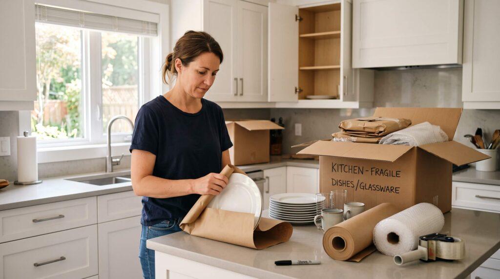 Homeowner carefully wrapping dishes in packing paper while boxing up a kitchen for moving day in Ottawa Valley