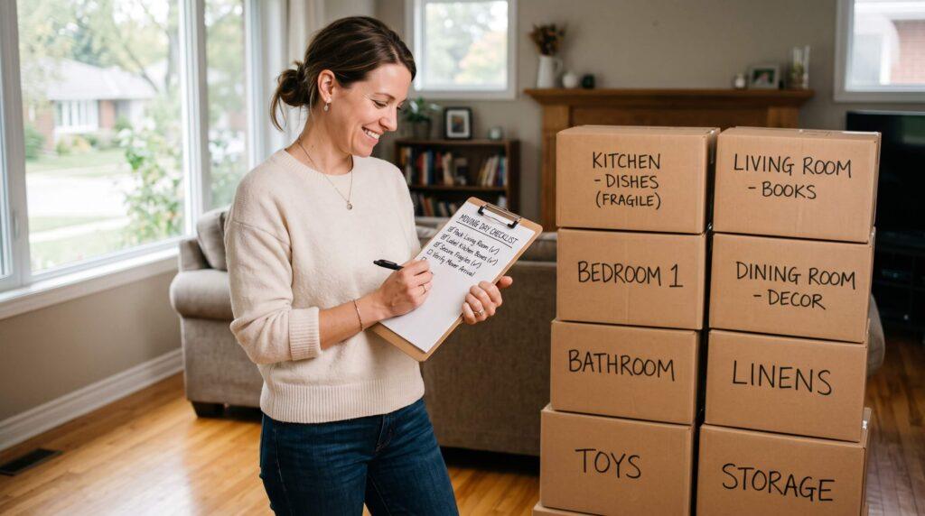 Homeowner reviewing a moving day checklist beside neatly stacked, labelled boxes ready for pickup by Ardie's Movers
