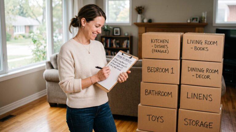 Homeowner reviewing a moving day checklist beside neatly stacked, labelled boxes ready for pickup by Ardie's Movers