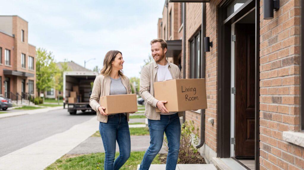 Family carrying moving boxes into a new Ottawa townhouse after relocating from a small town in Ottawa Valley with Ardie's Movers