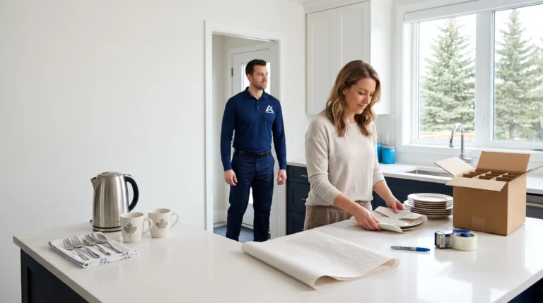 Homeowner wrapping dishes and organizing sturdy boxes while packing a kitchen for moving