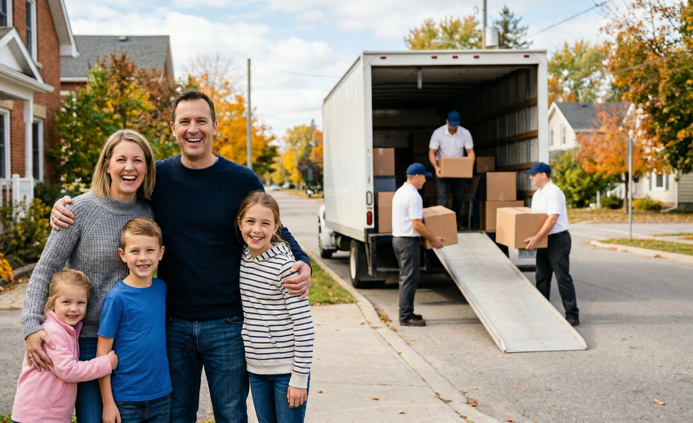 Family on moving day with Ardie's Movers truck