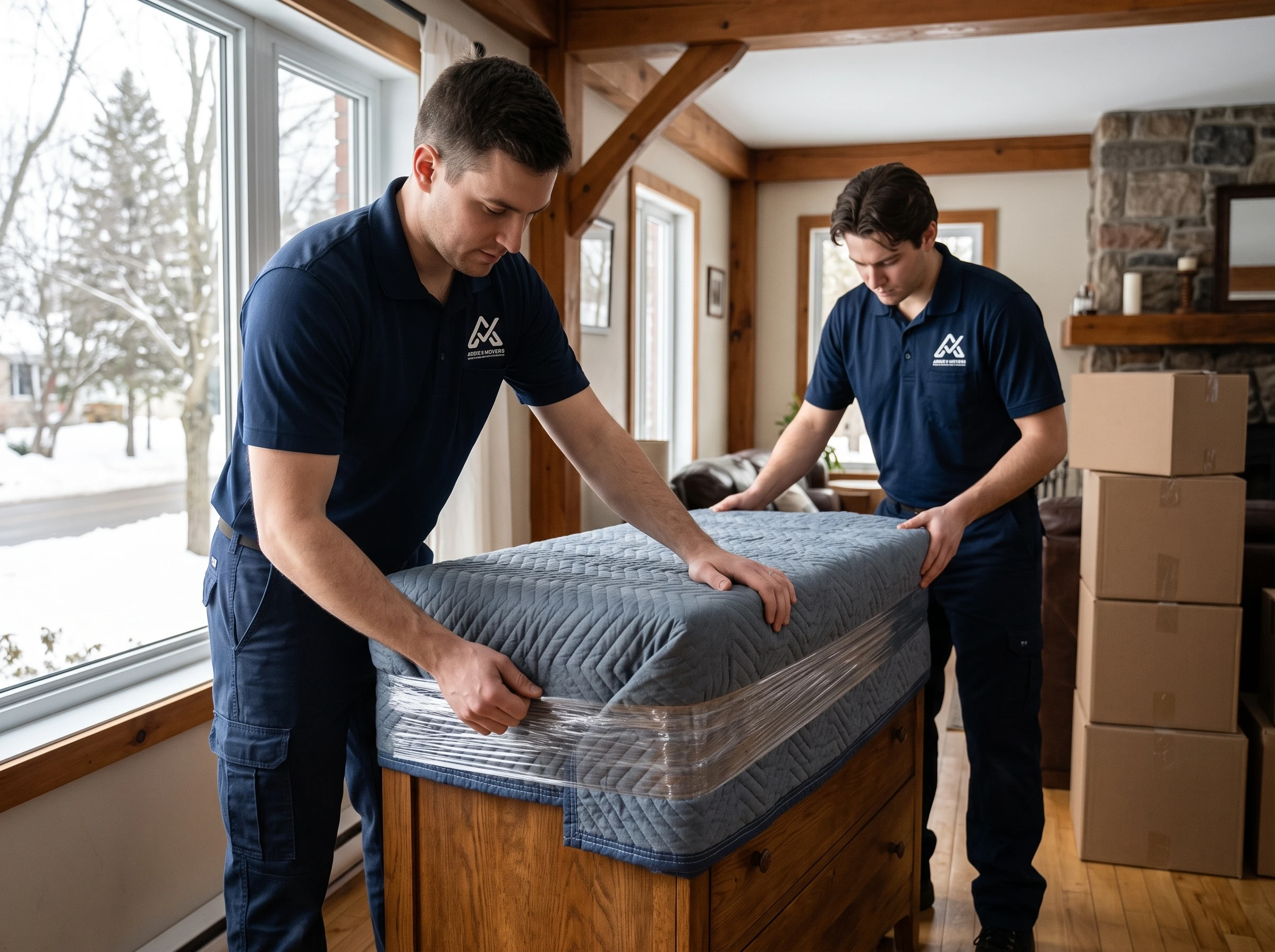 Movers wrapping a wooden dresser with a furniture blanket inside an Ottawa Valley home