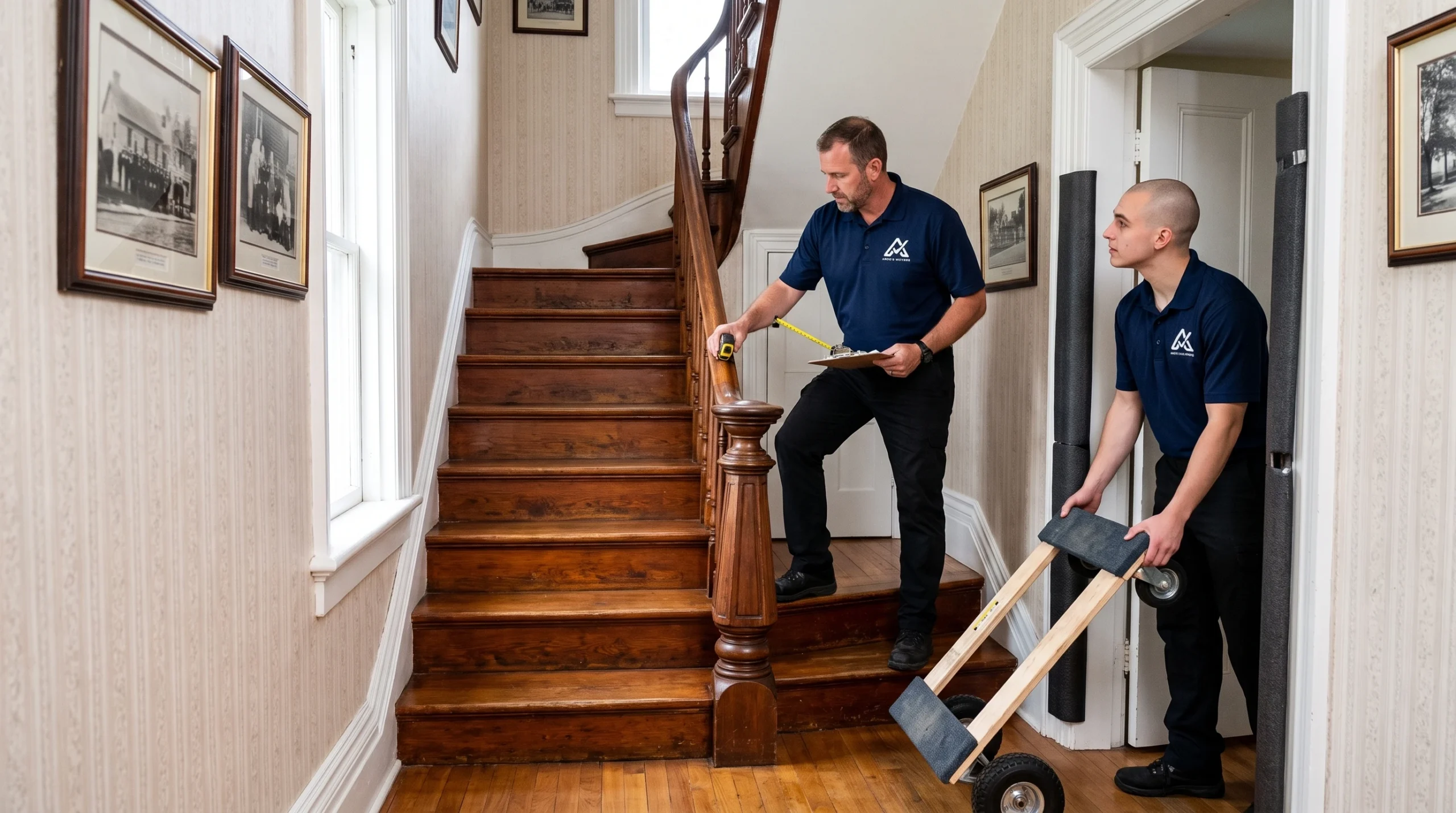 Ardie's Movers assessing a staircase, hallway and protected doorway inside an Almonte heritage home