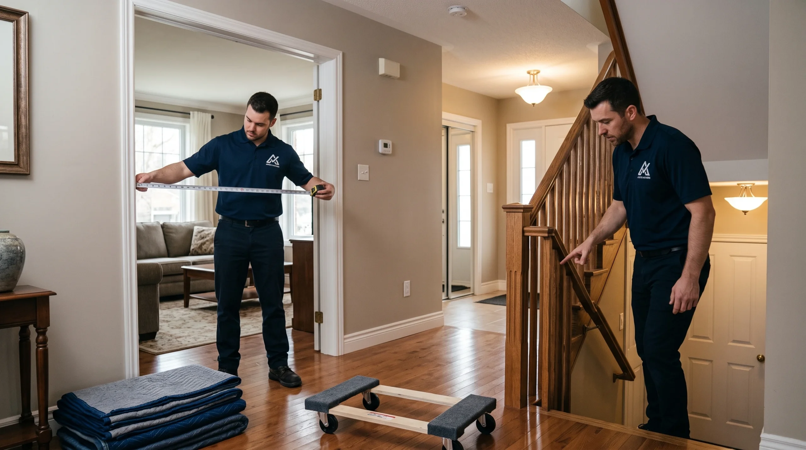 Ardie's Movers assessing stairs and doorway access before an Almonte move