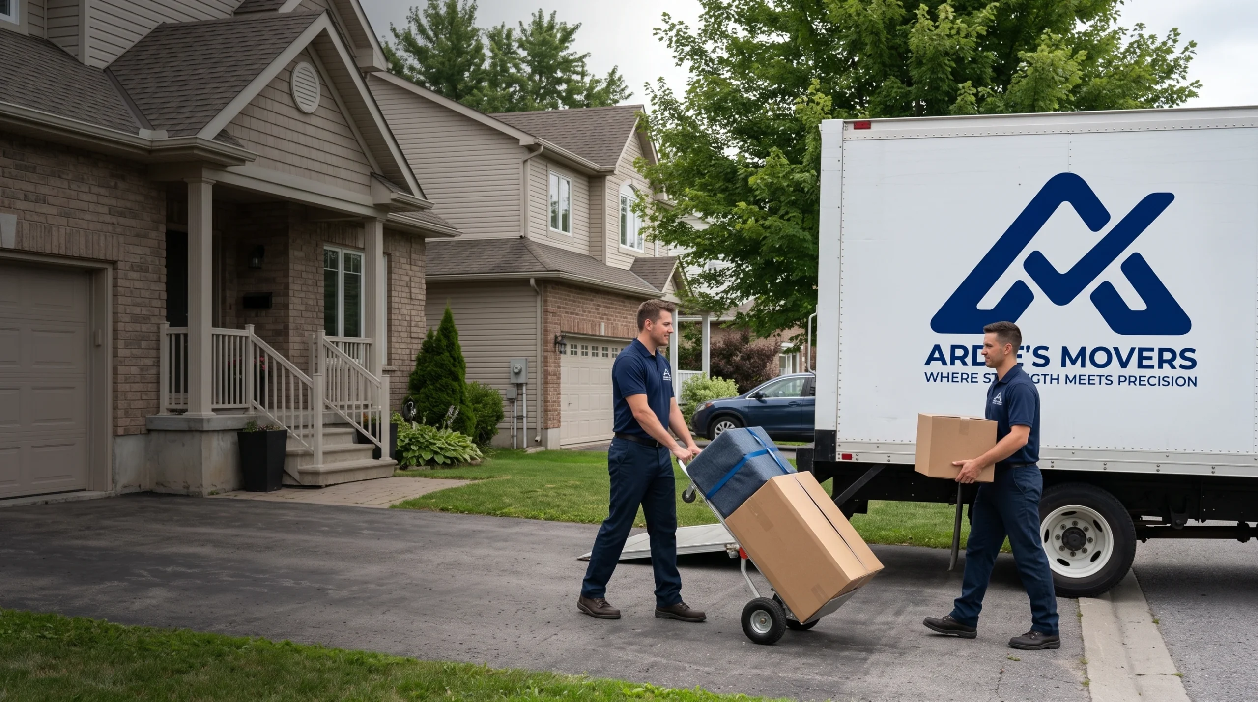 Ardie's Movers crew beside a branded moving truck during a residential move in Almonte