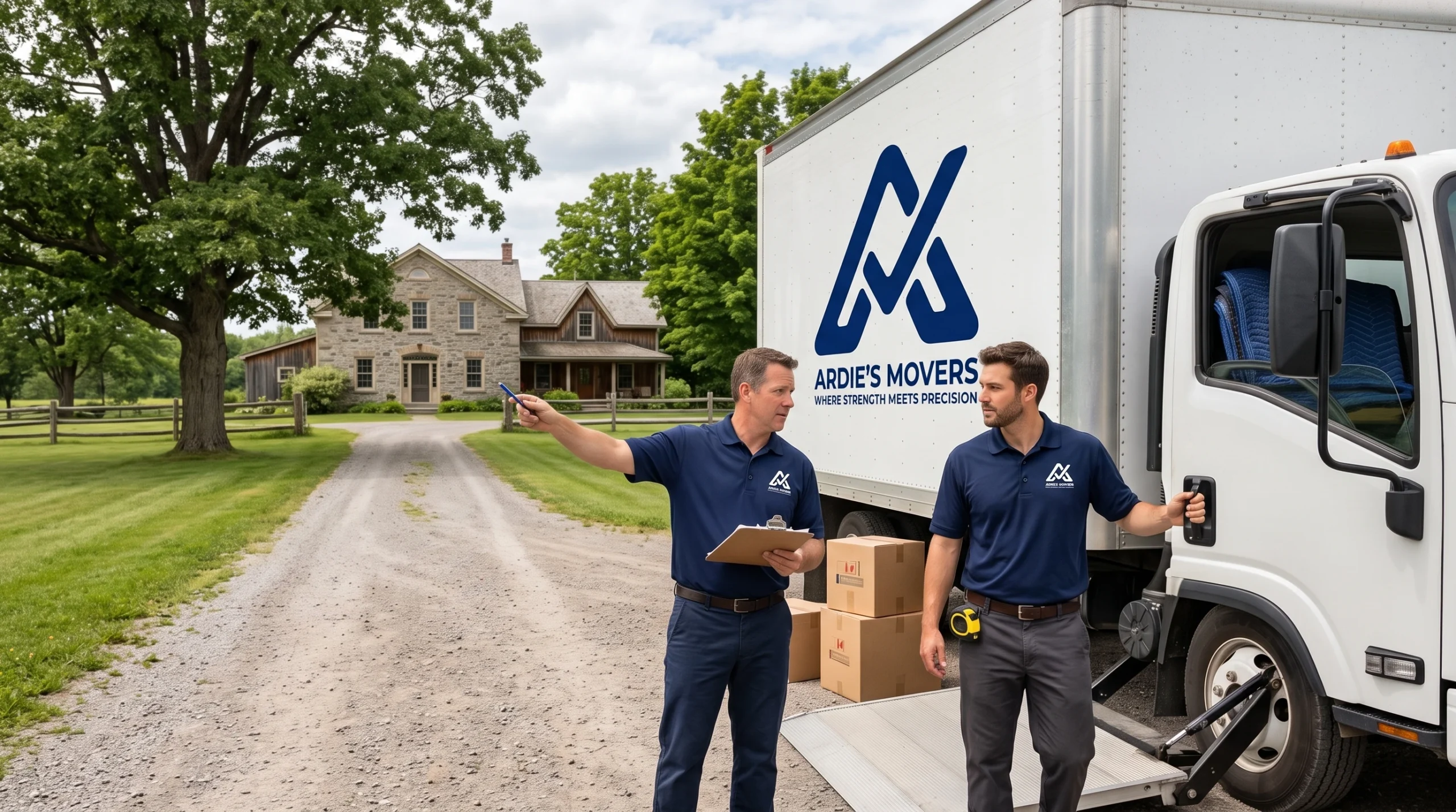 Ardie's Movers assessing truck and carrying access at a rural Almonte property