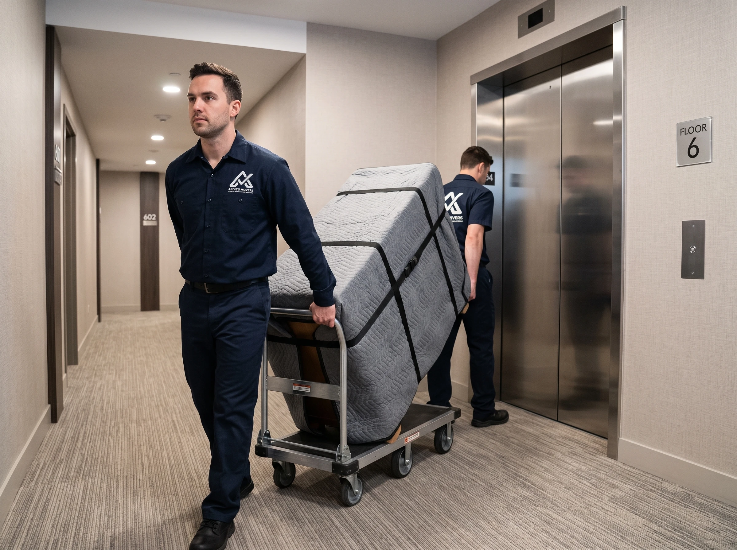 Movers guiding protected furniture through an Ottawa condominium hallway near an elevator
