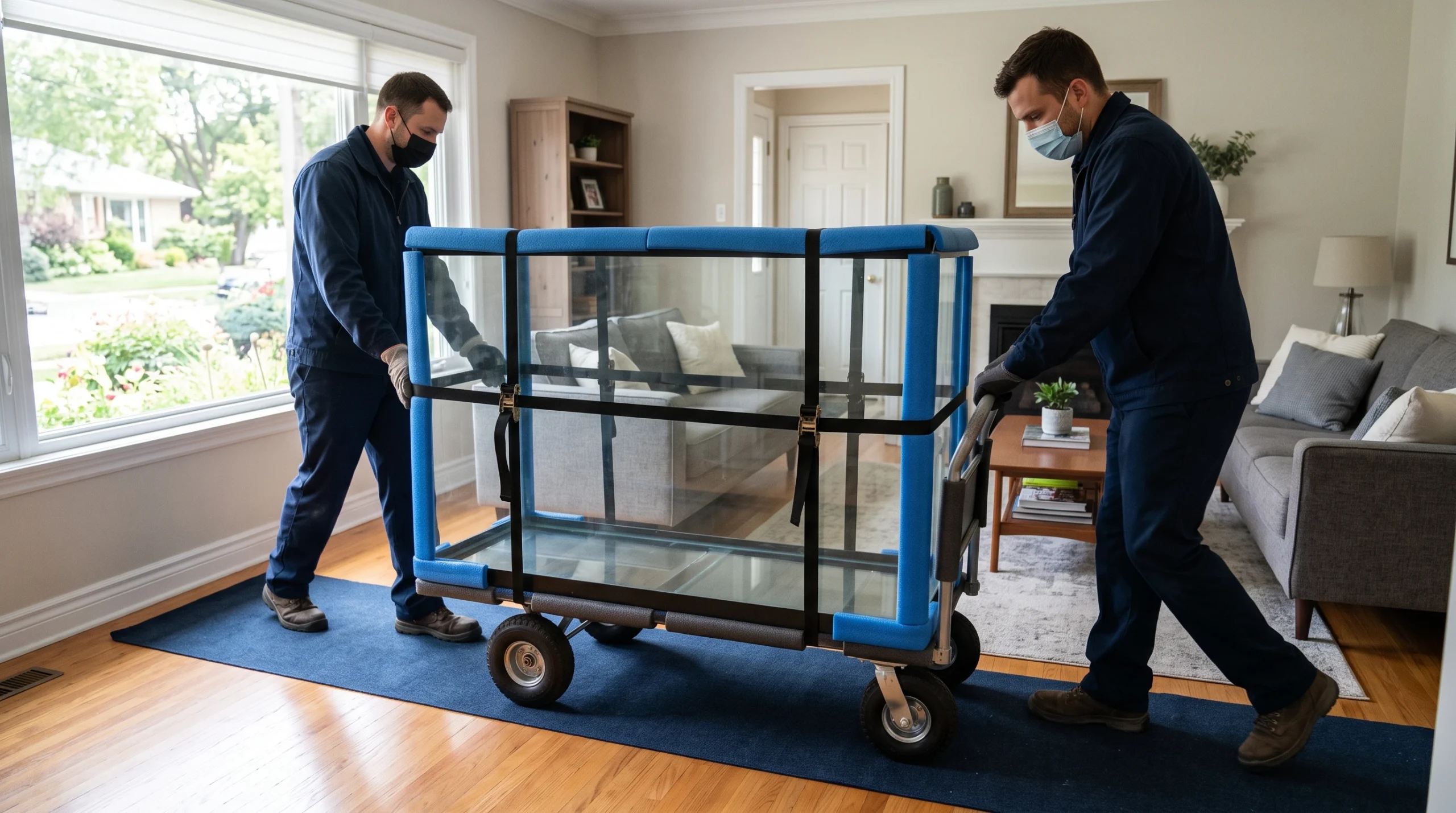 Aquarium movers transporting an empty protected fish tank in an Ottawa Valley home