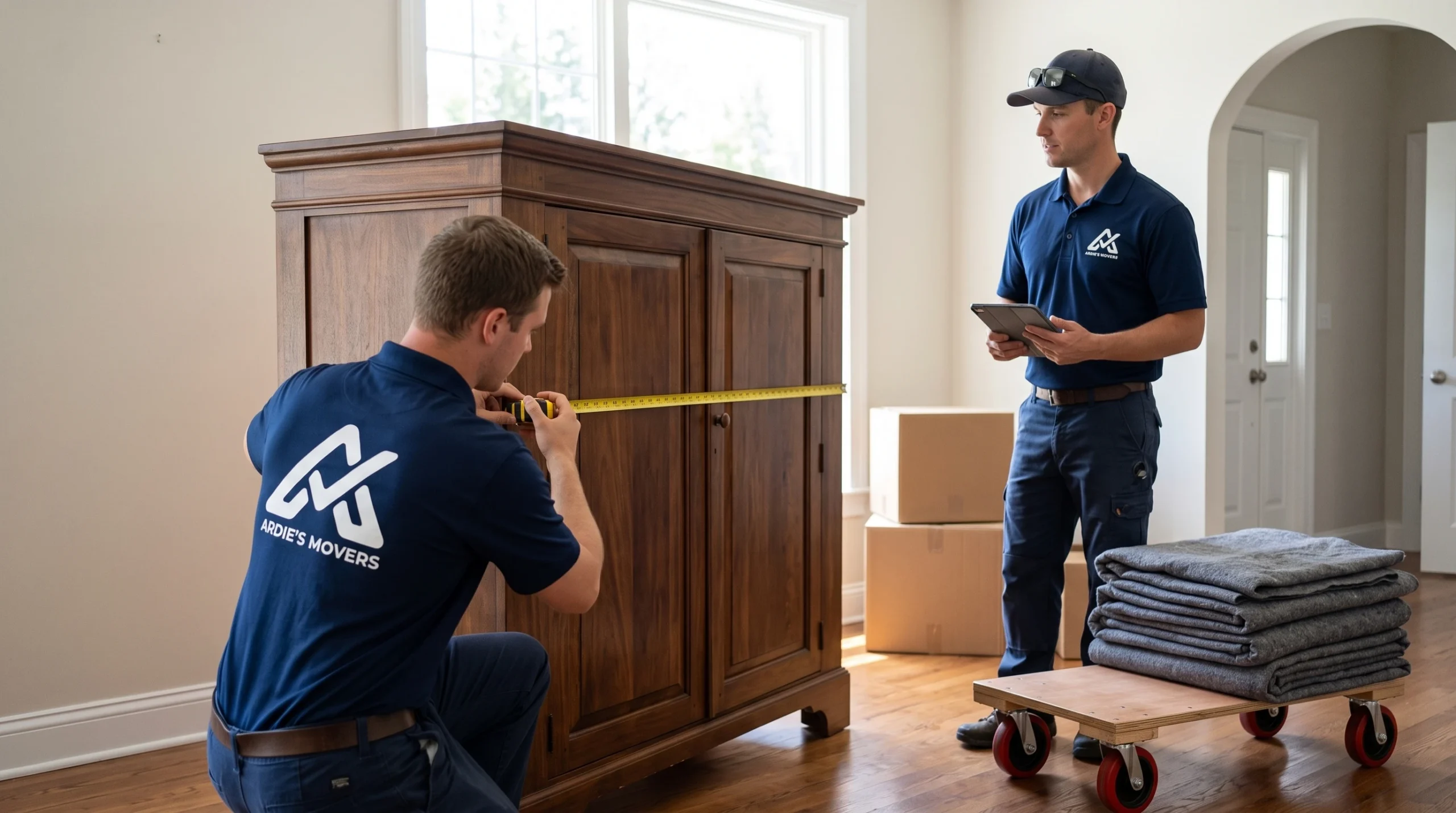 Ardie's Movers assessing a protected specialty item and access route for an Arnprior move