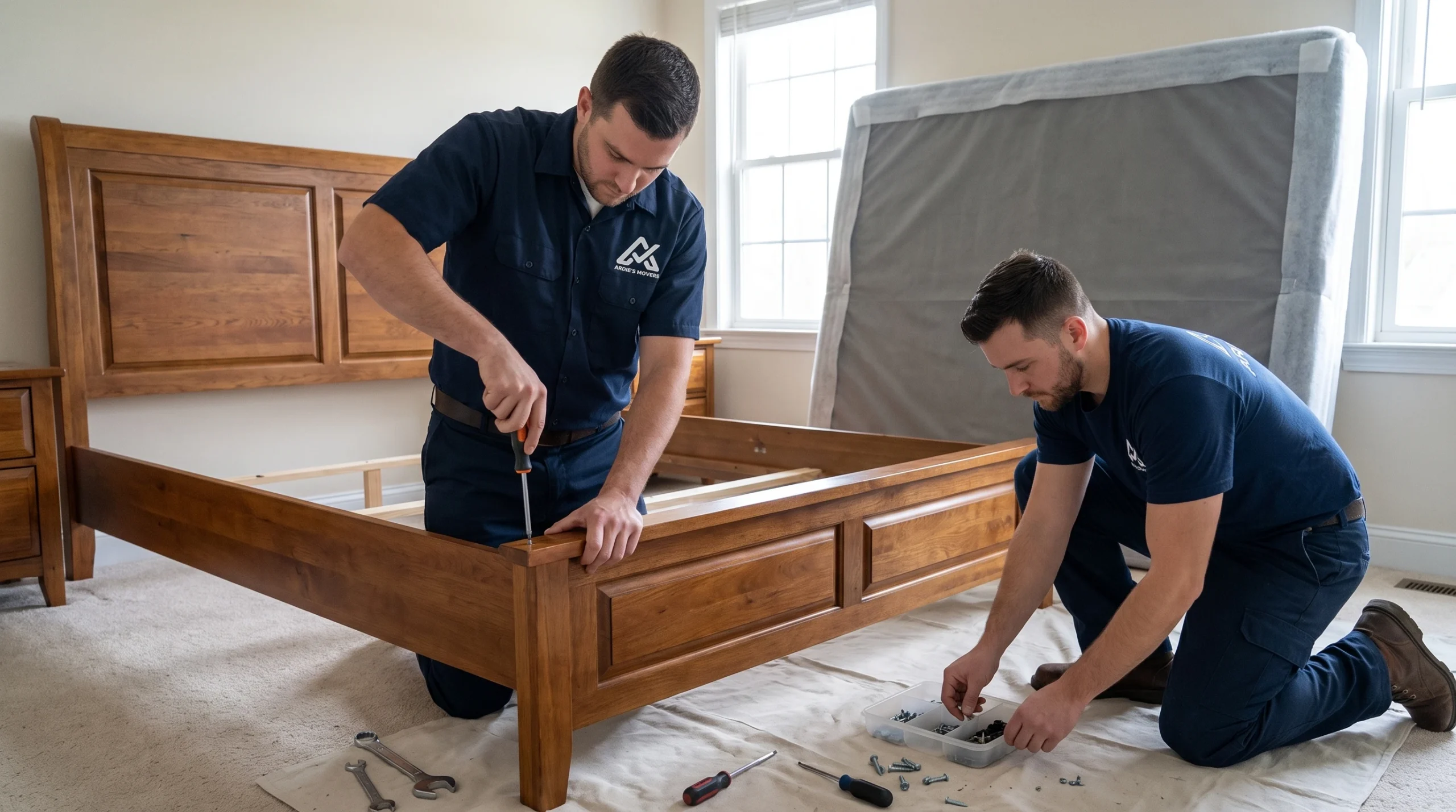 Mover carefully removing a detachable rail from a basic wooden bed frame