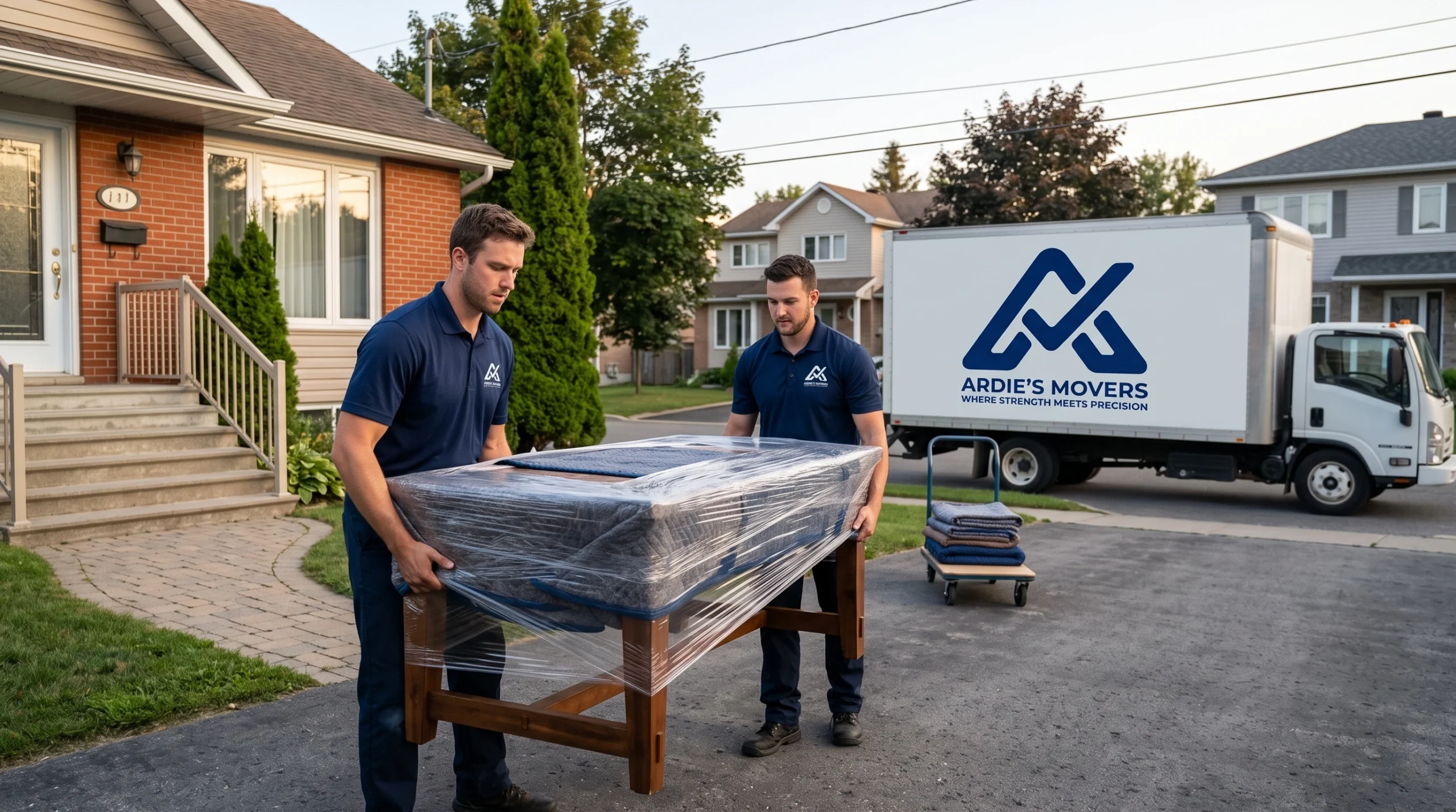 Ardie's Movers carrying protected household furniture during a Carleton Place residential move