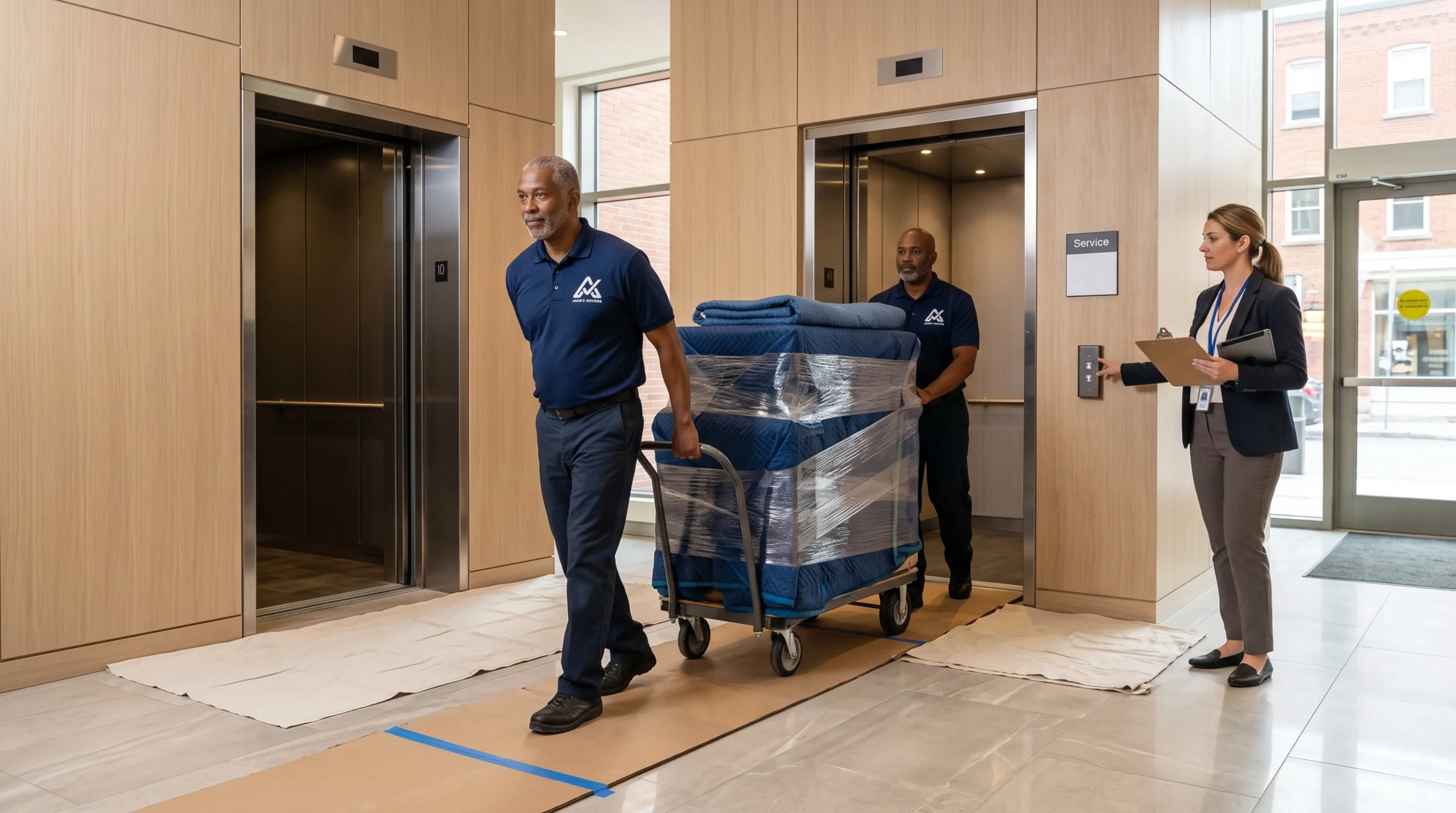 Ardie's Movers assessing elevator and hallway access for a Central Ottawa apartment move