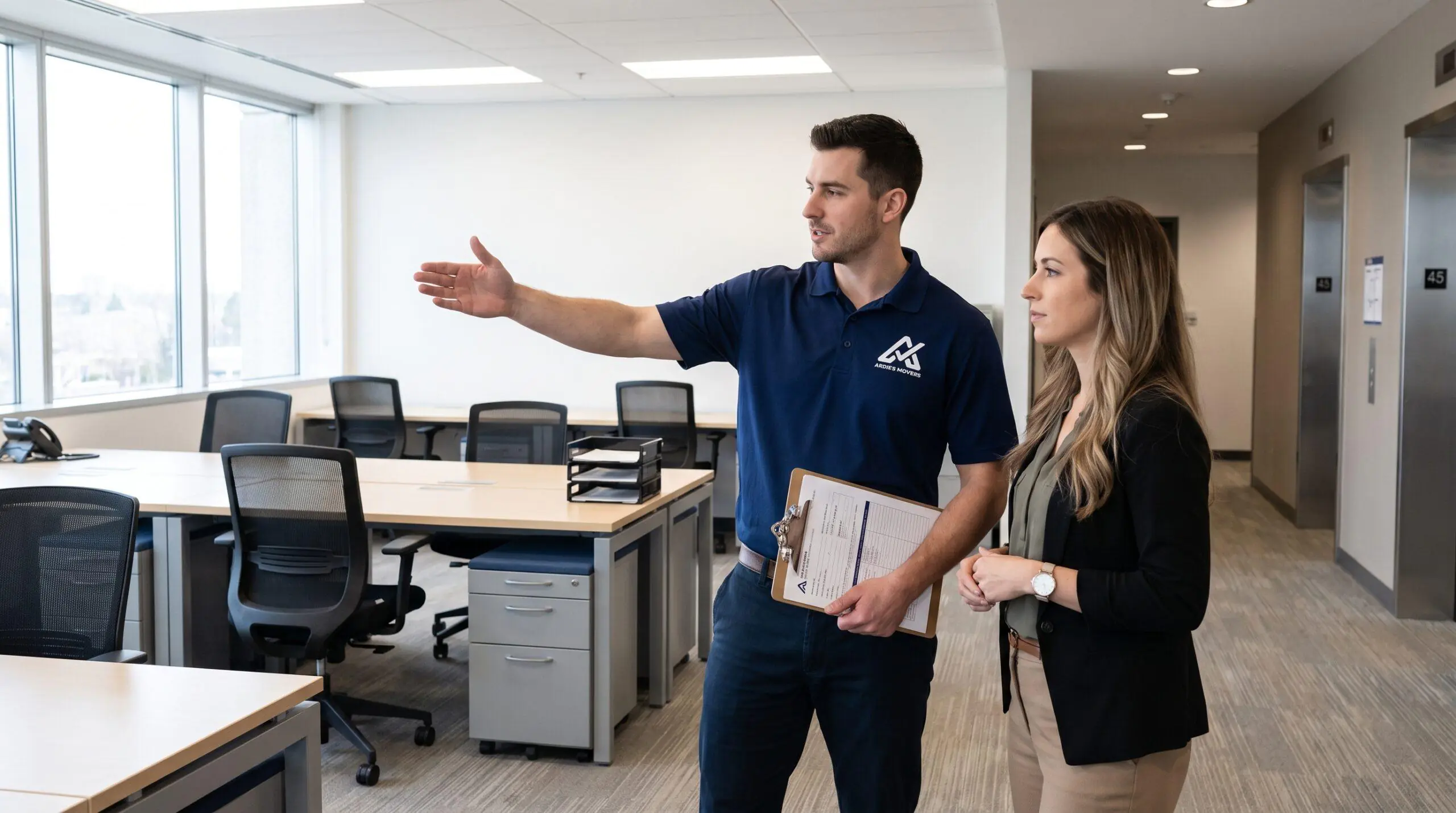 Mover assessing office furniture and building access before a commercial relocation