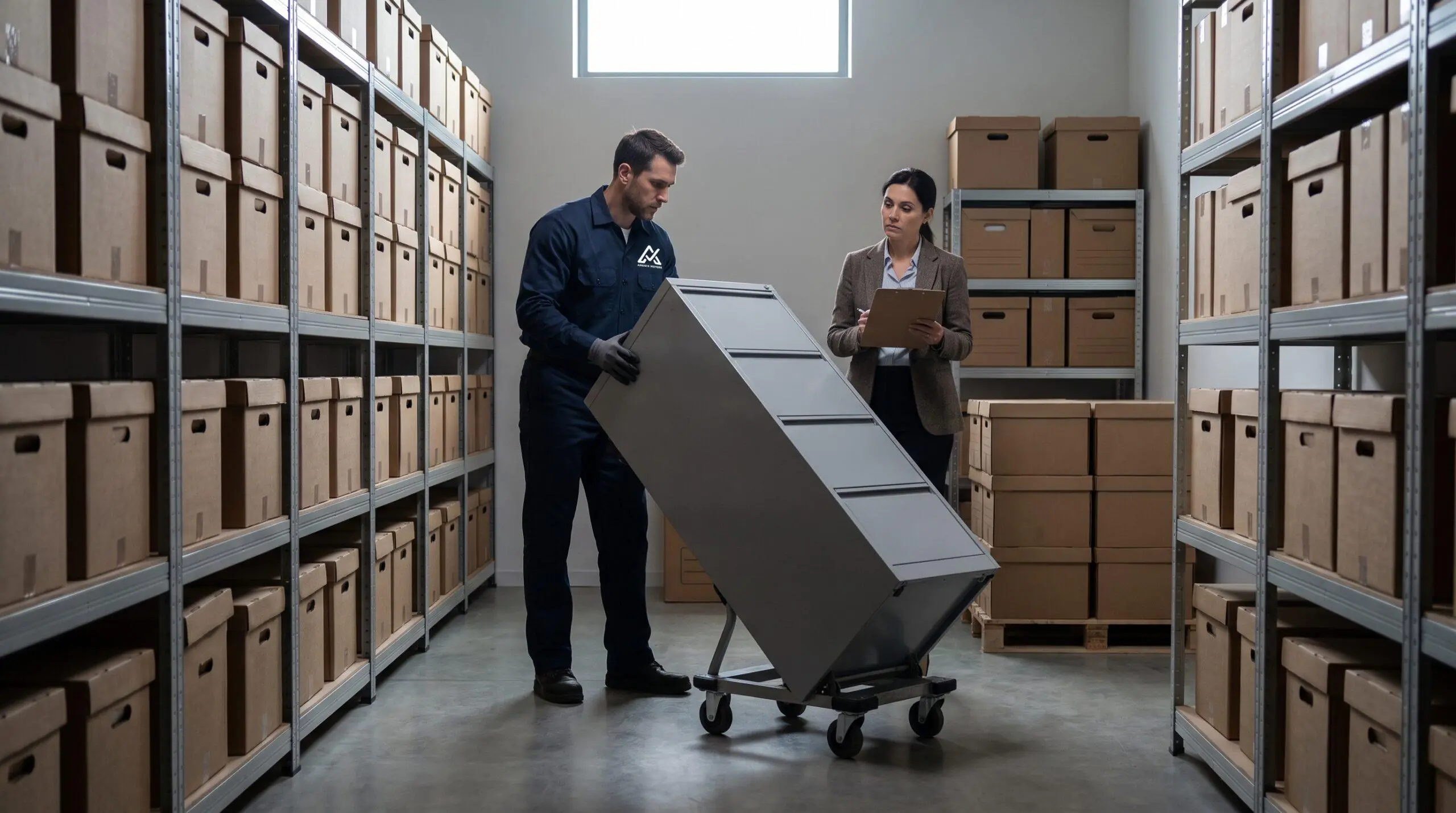Mover carefully transporting filing cabinets and prepared business records