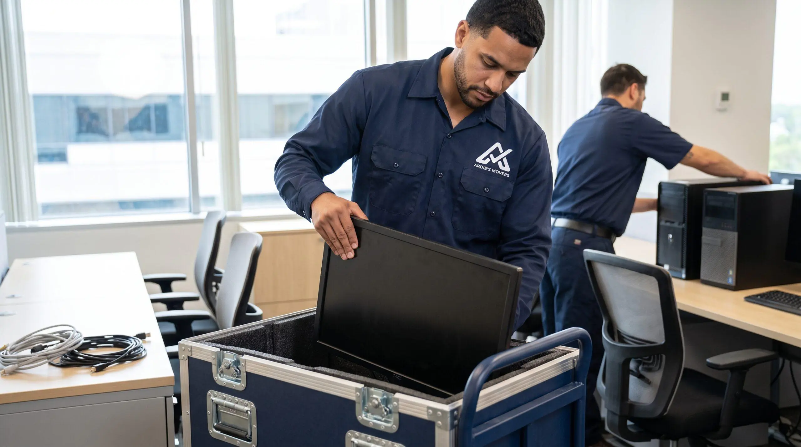 Mover transporting prepared office computers and monitors in padded equipment crates
