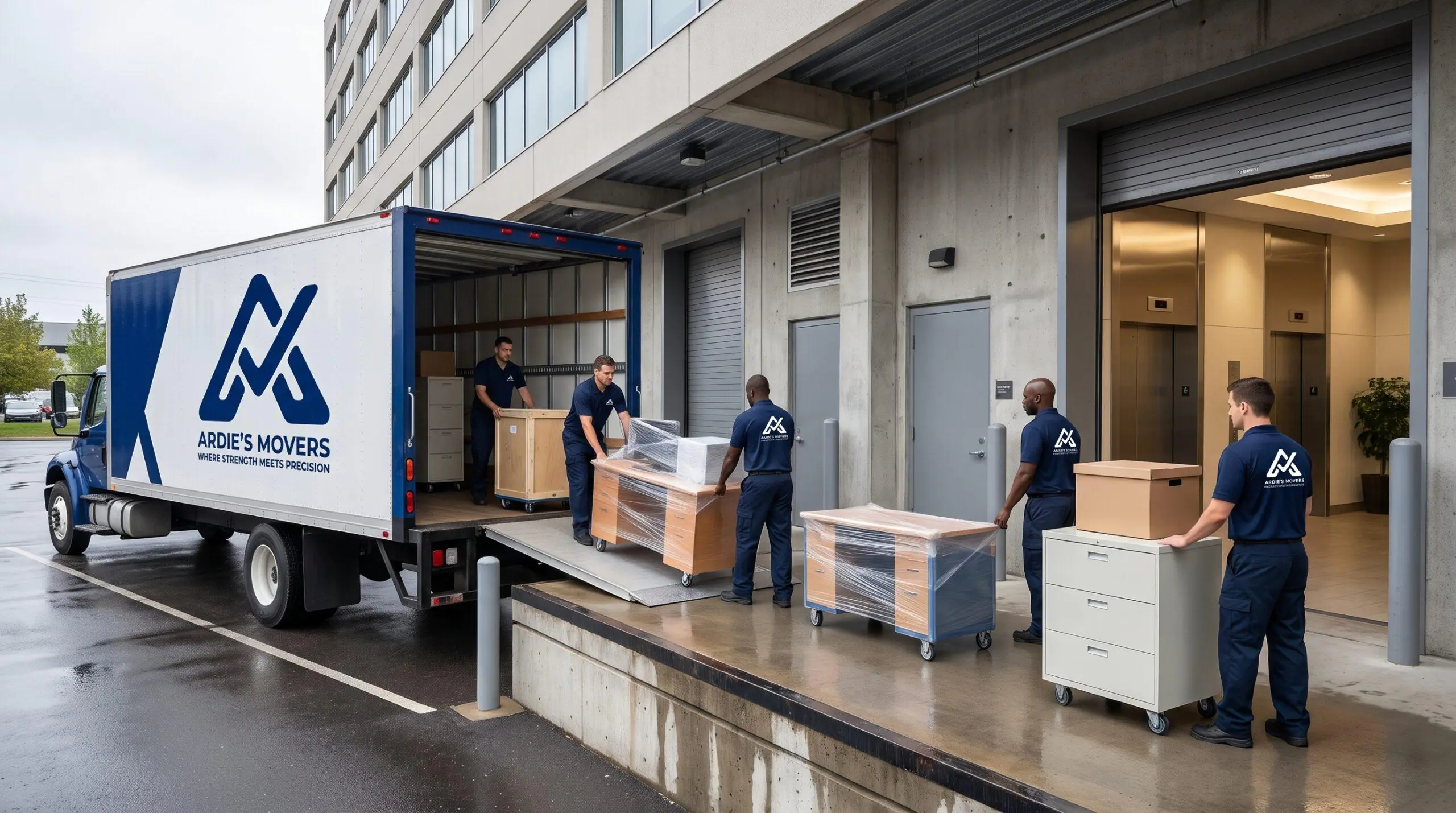 Commercial movers using a loading entrance to relocate office furniture and equipment