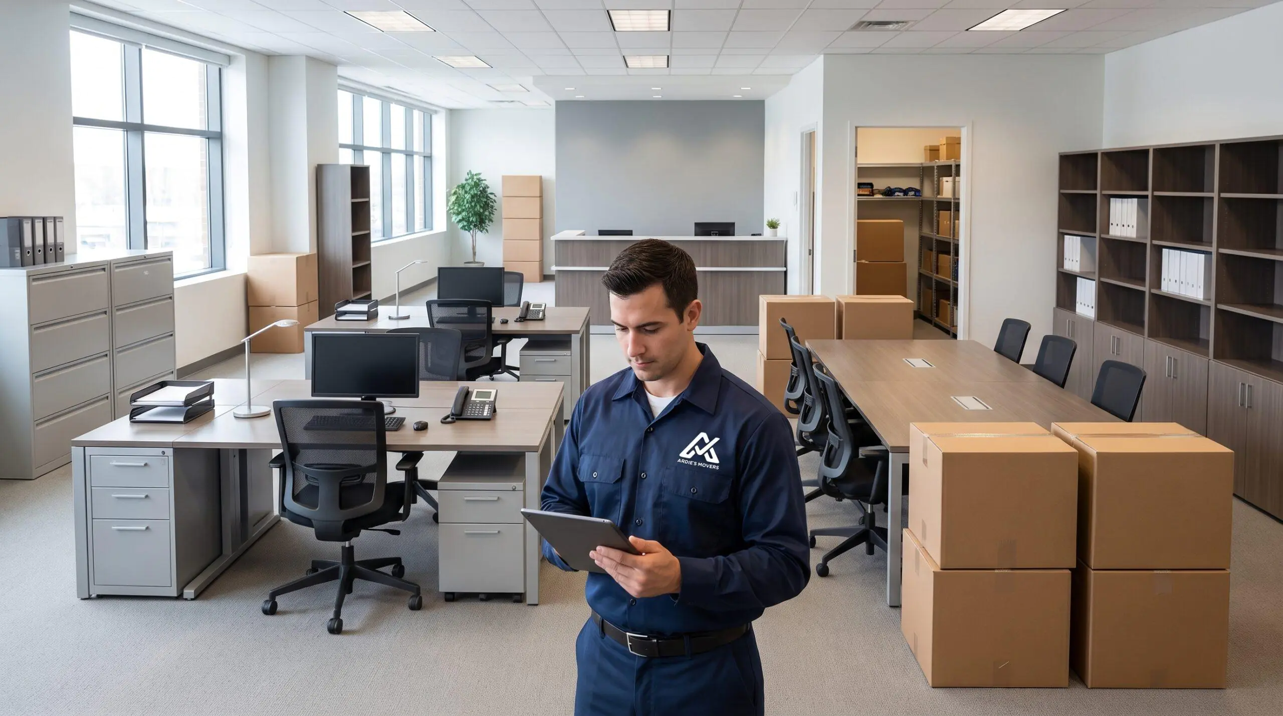 Professional mover reviewing office furniture and equipment for a commercial move