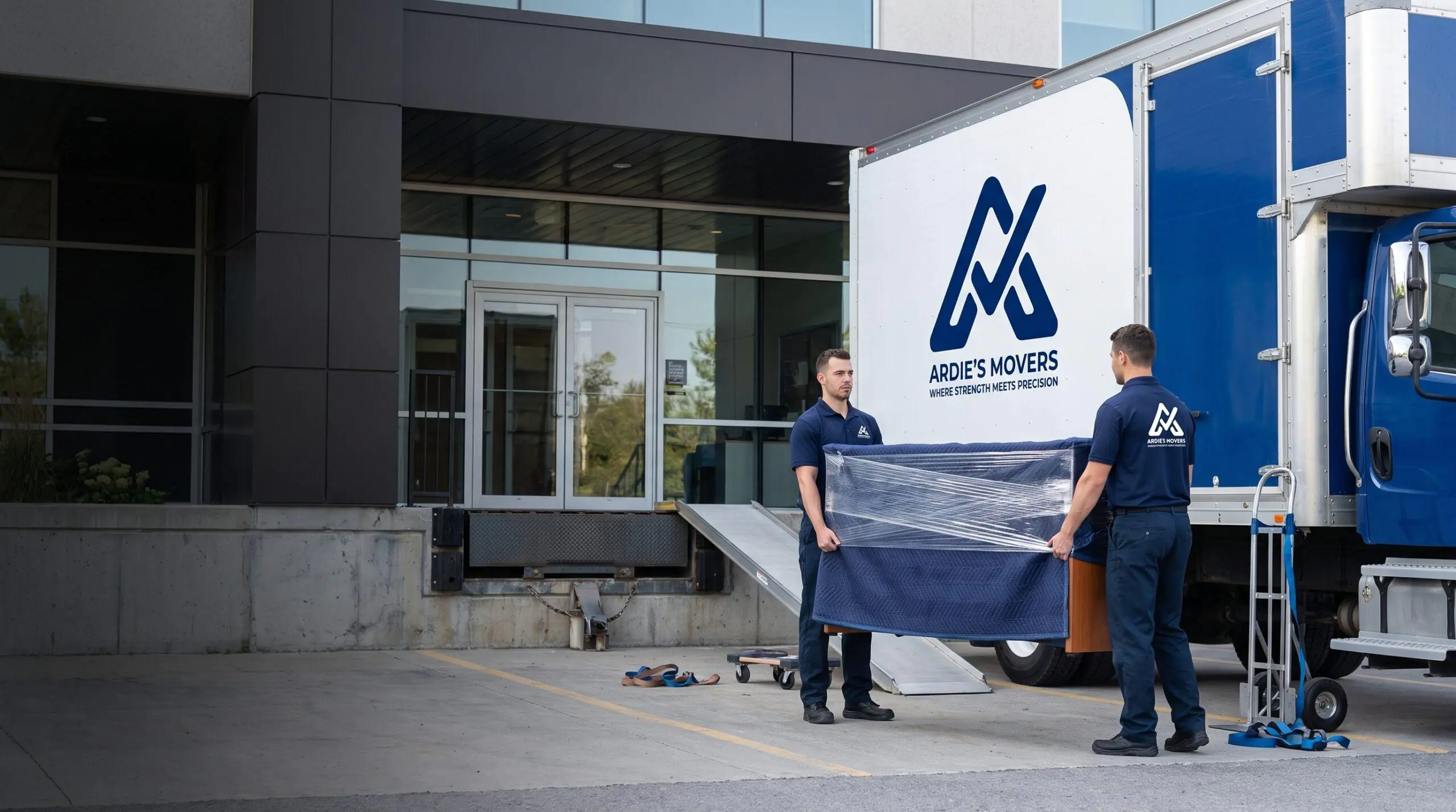Professional movers carrying protected office furniture from an Ottawa-area business
