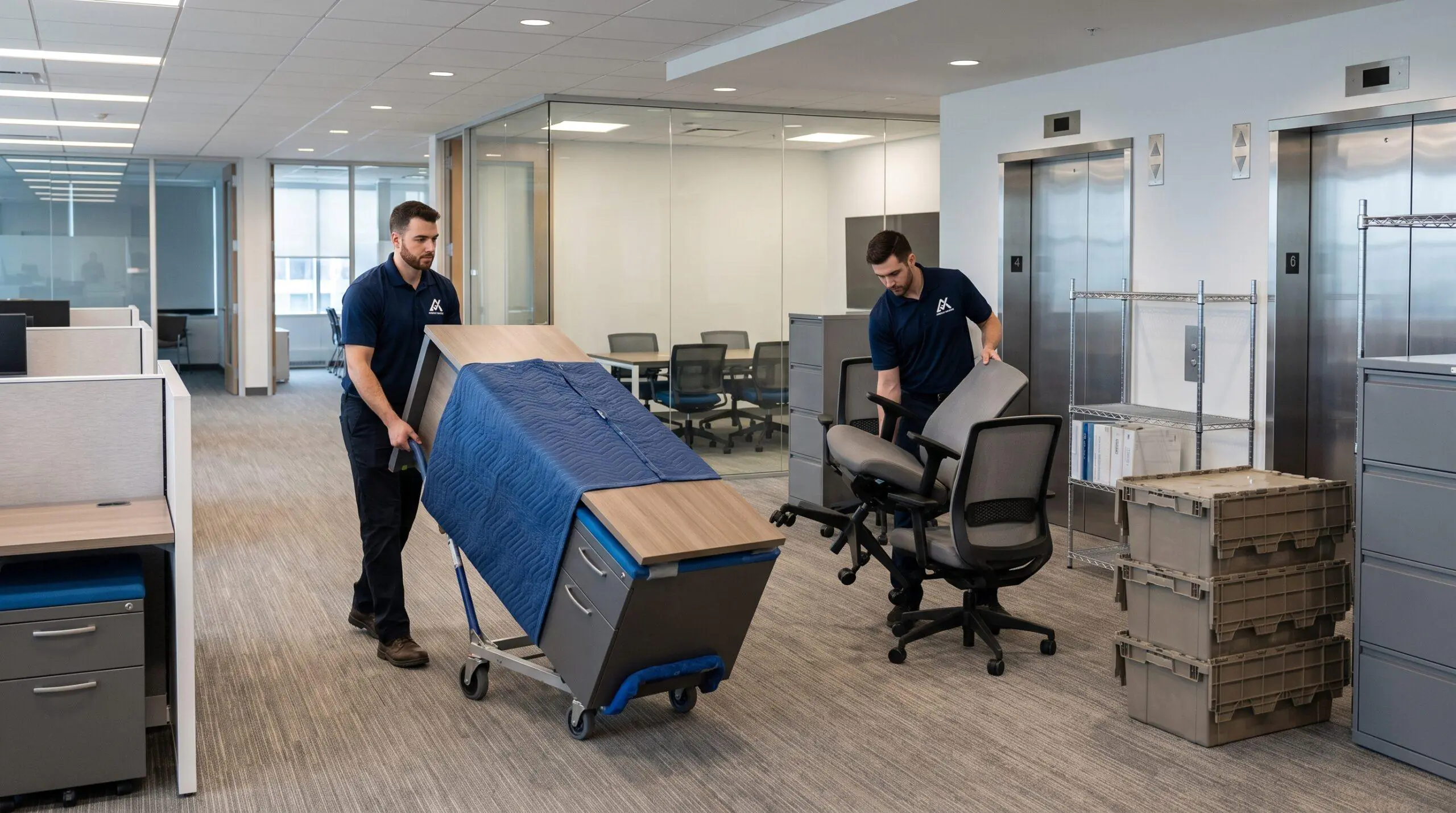 Commercial movers relocating desks and office chairs inside an Ottawa workplace