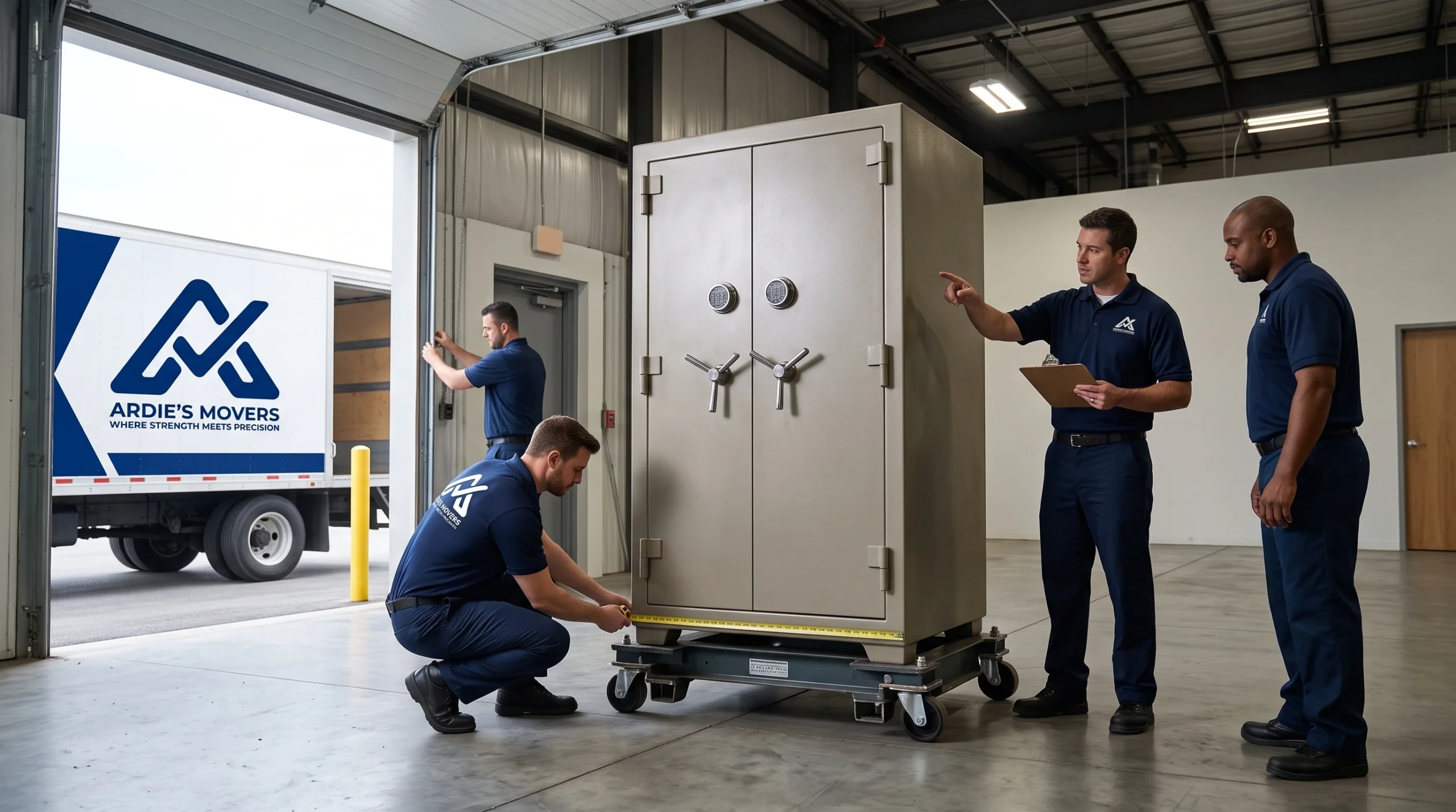 Movers discreetly coordinating the route and final placement for a closed commercial safe