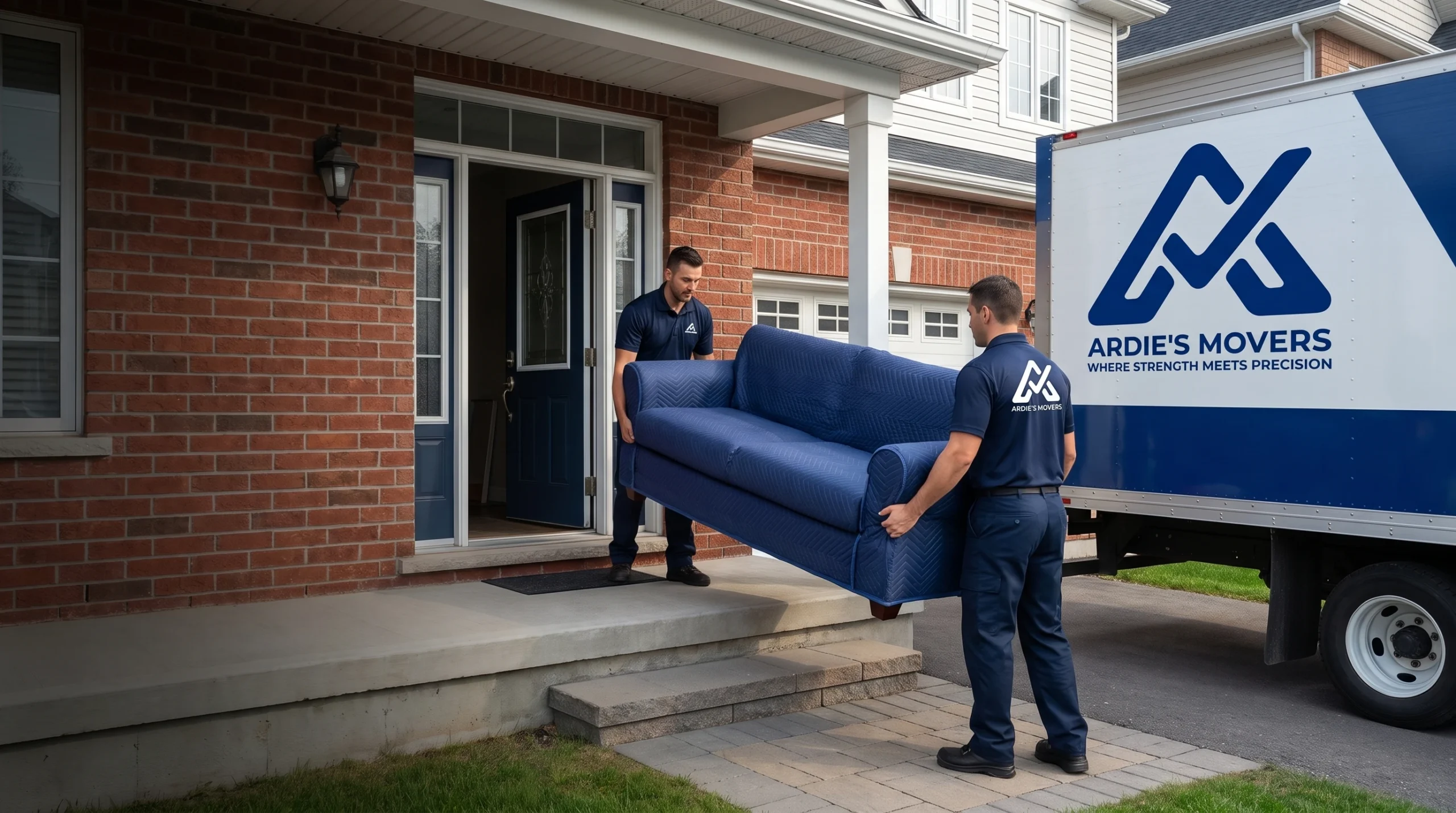 Furniture moving company crew carrying a protected sofa from an Ottawa Valley home