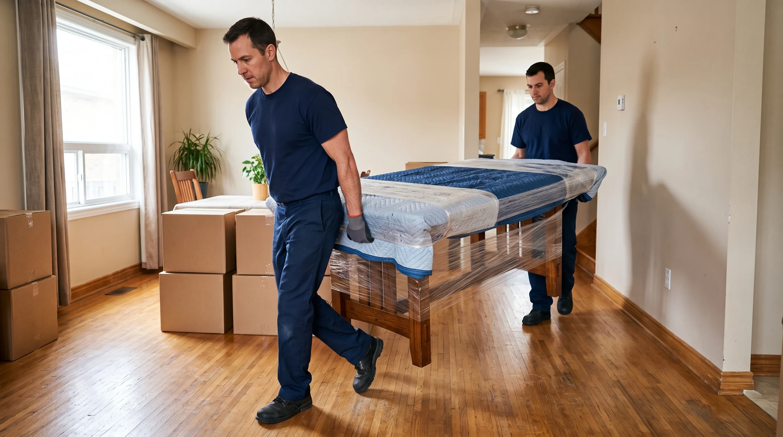 Furniture movers carefully carrying a protected dining table inside an Ottawa Valley home