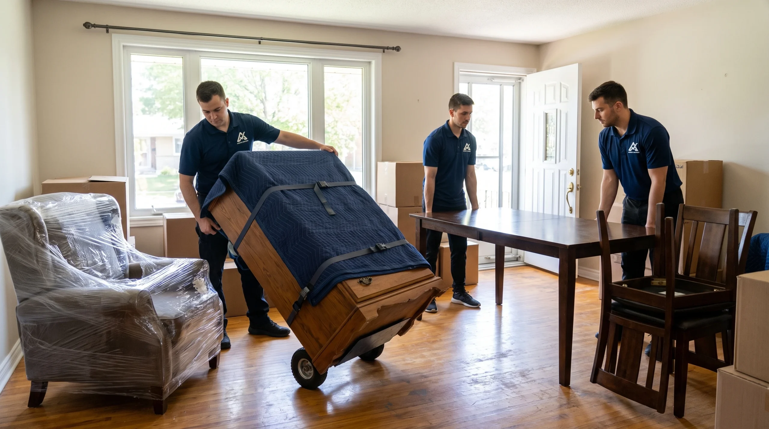 Furniture movers preparing a dresser, dining set and armchair for relocation