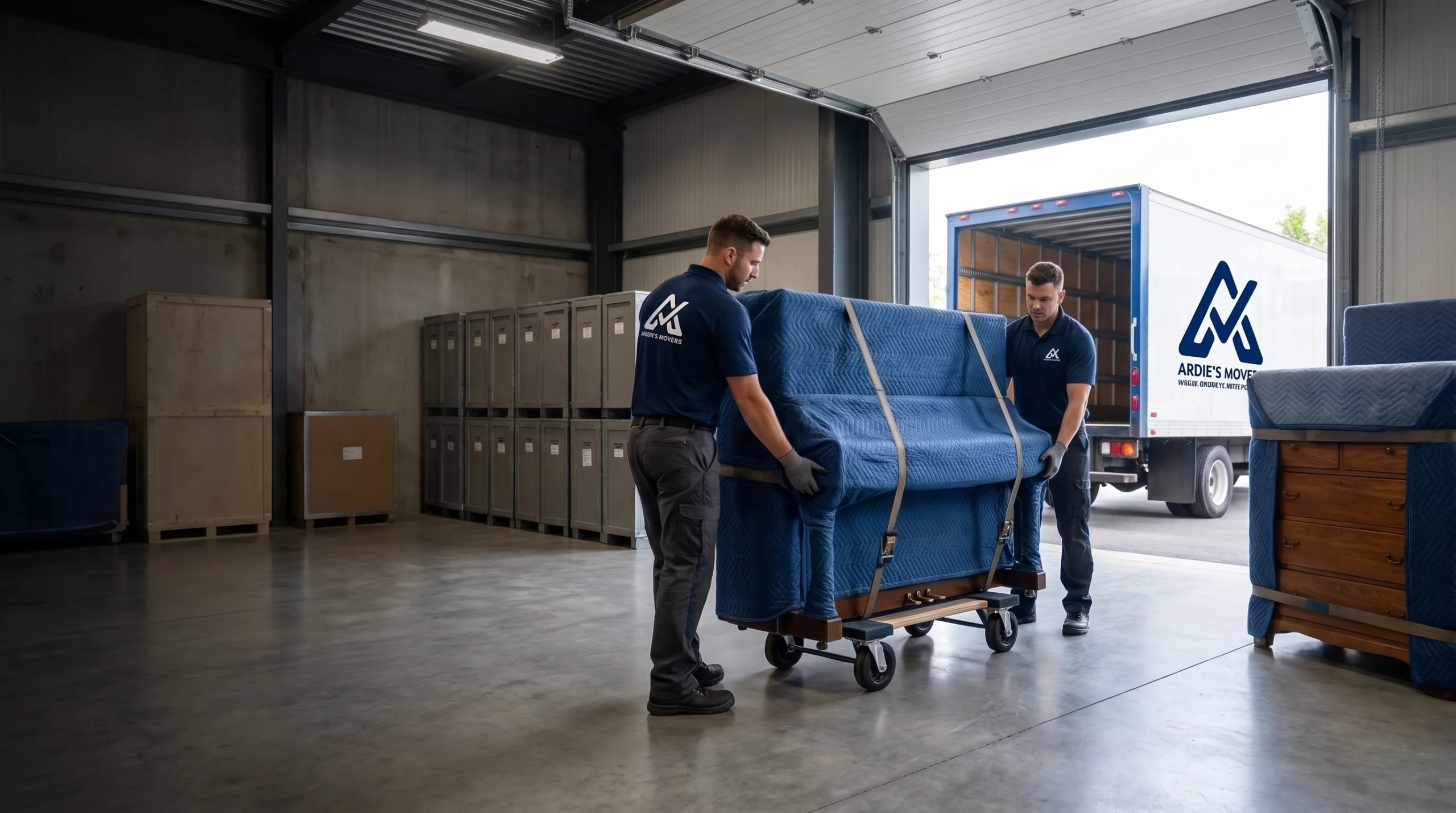 Ardie's Movers crew transporting protected furniture and an upright piano into storage in Arnprior