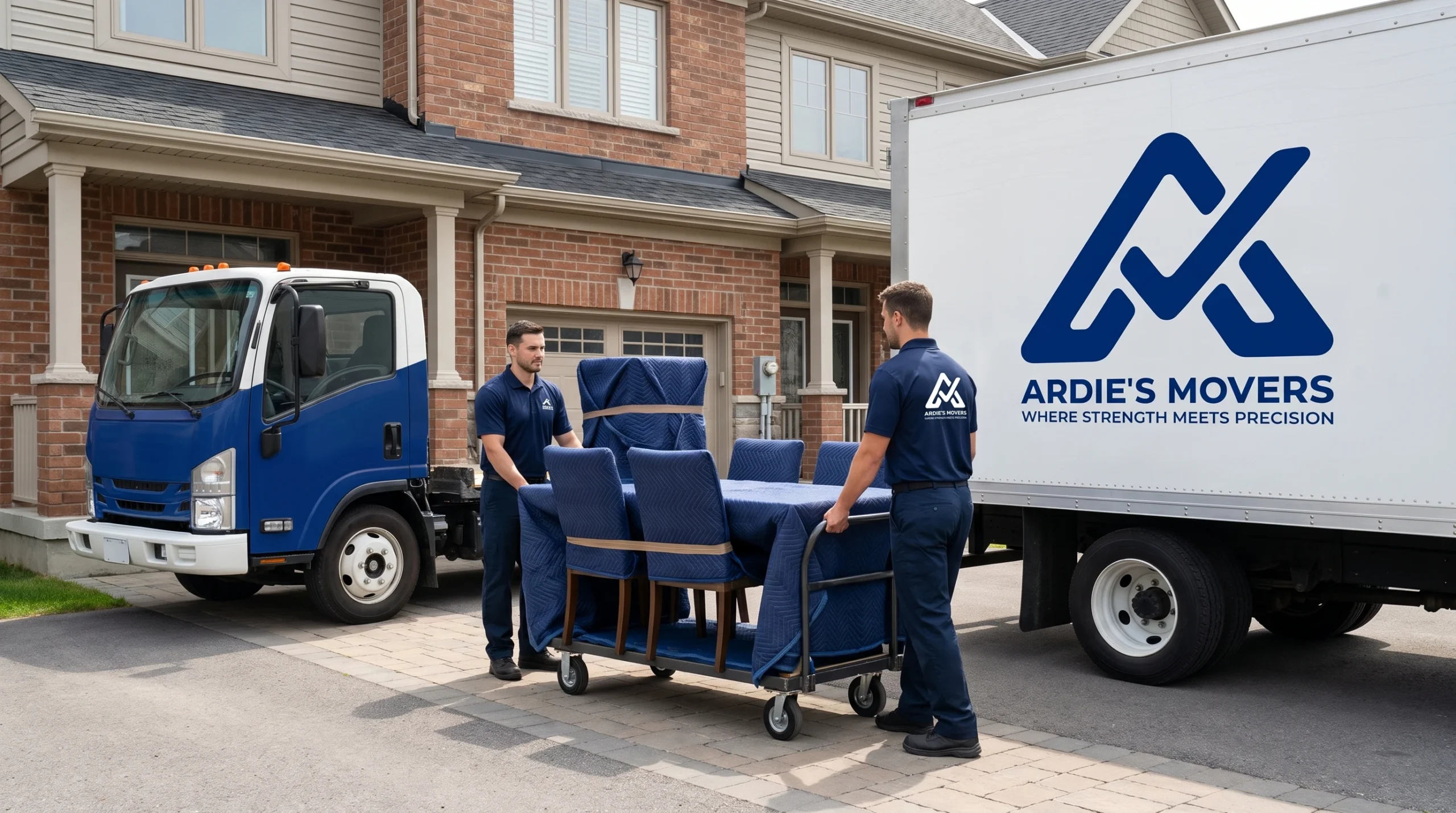 Furniture movers delivering a protected dining table and chairs to an Ottawa home