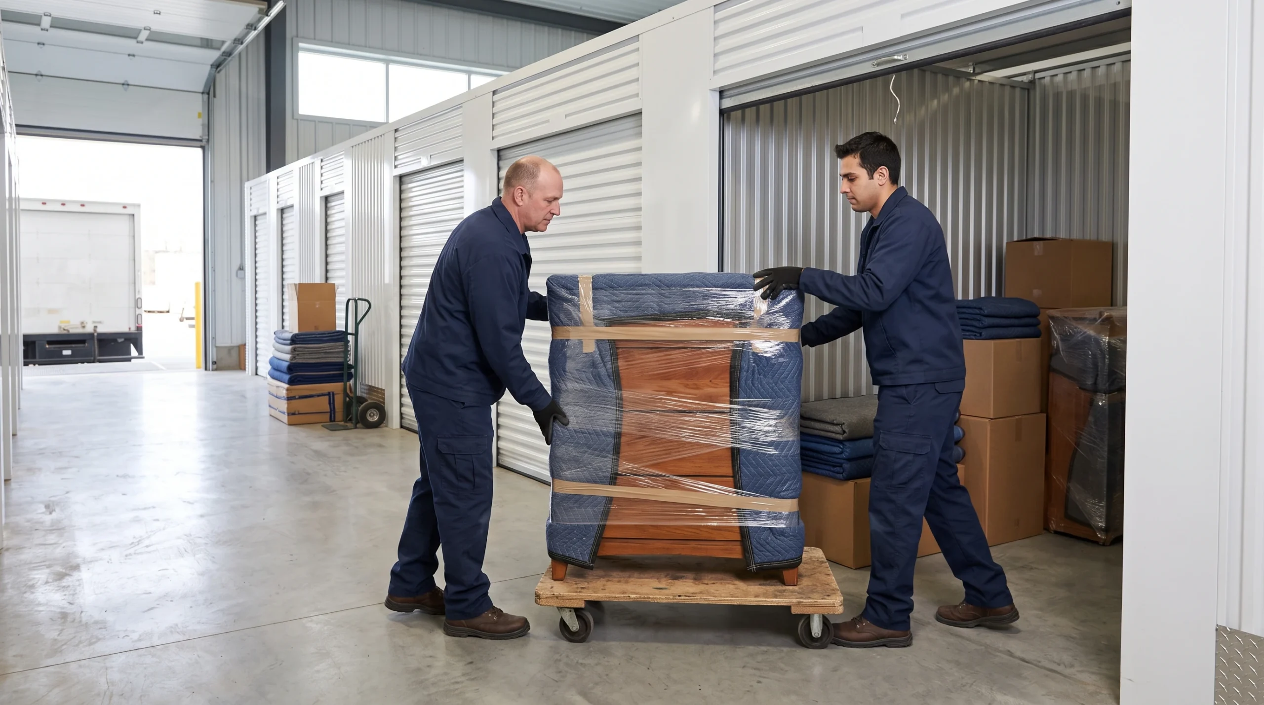 Movers placing wrapped furniture into a clean storage facility in Arnprior