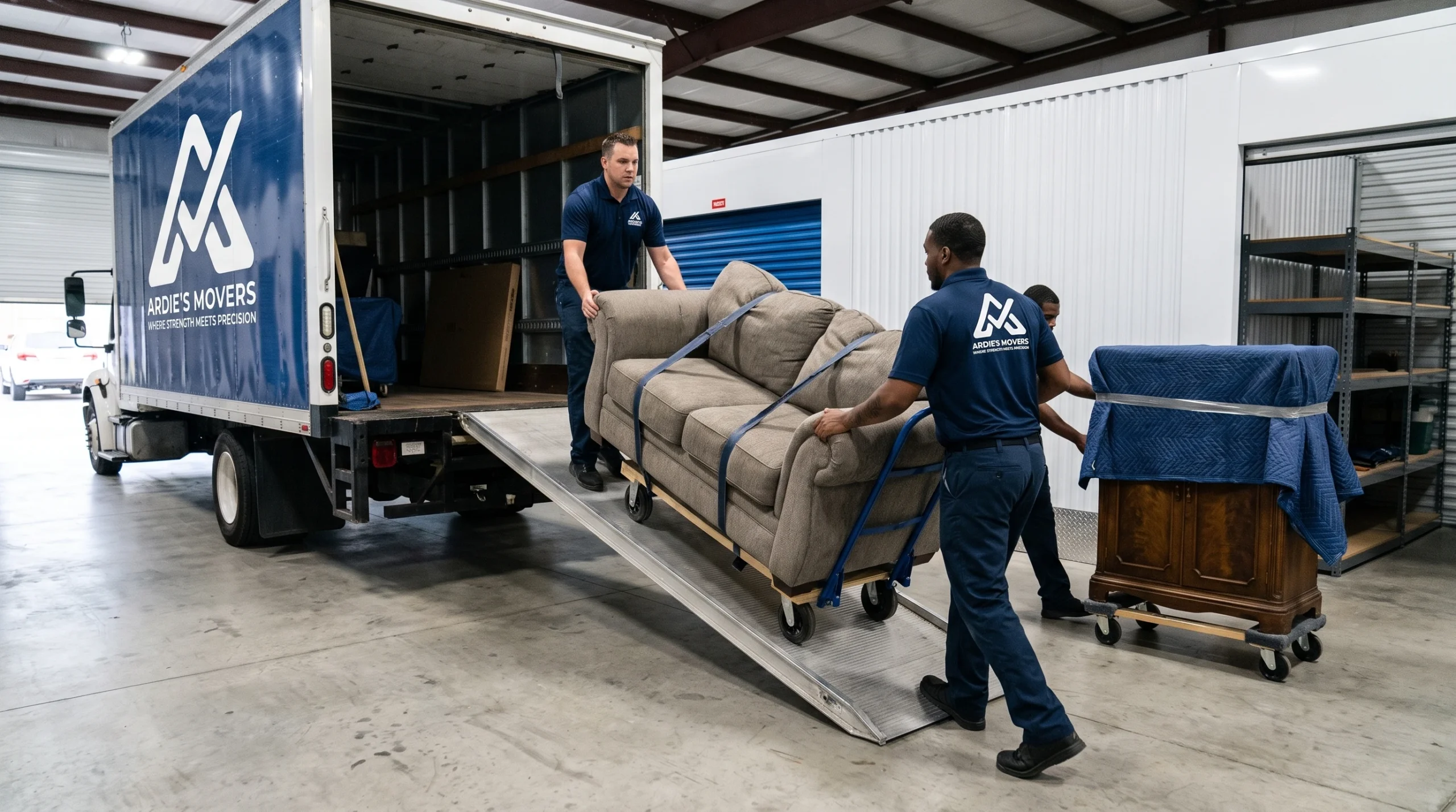 Movers unloading protected furniture from an Ardie's Movers truck for storage
