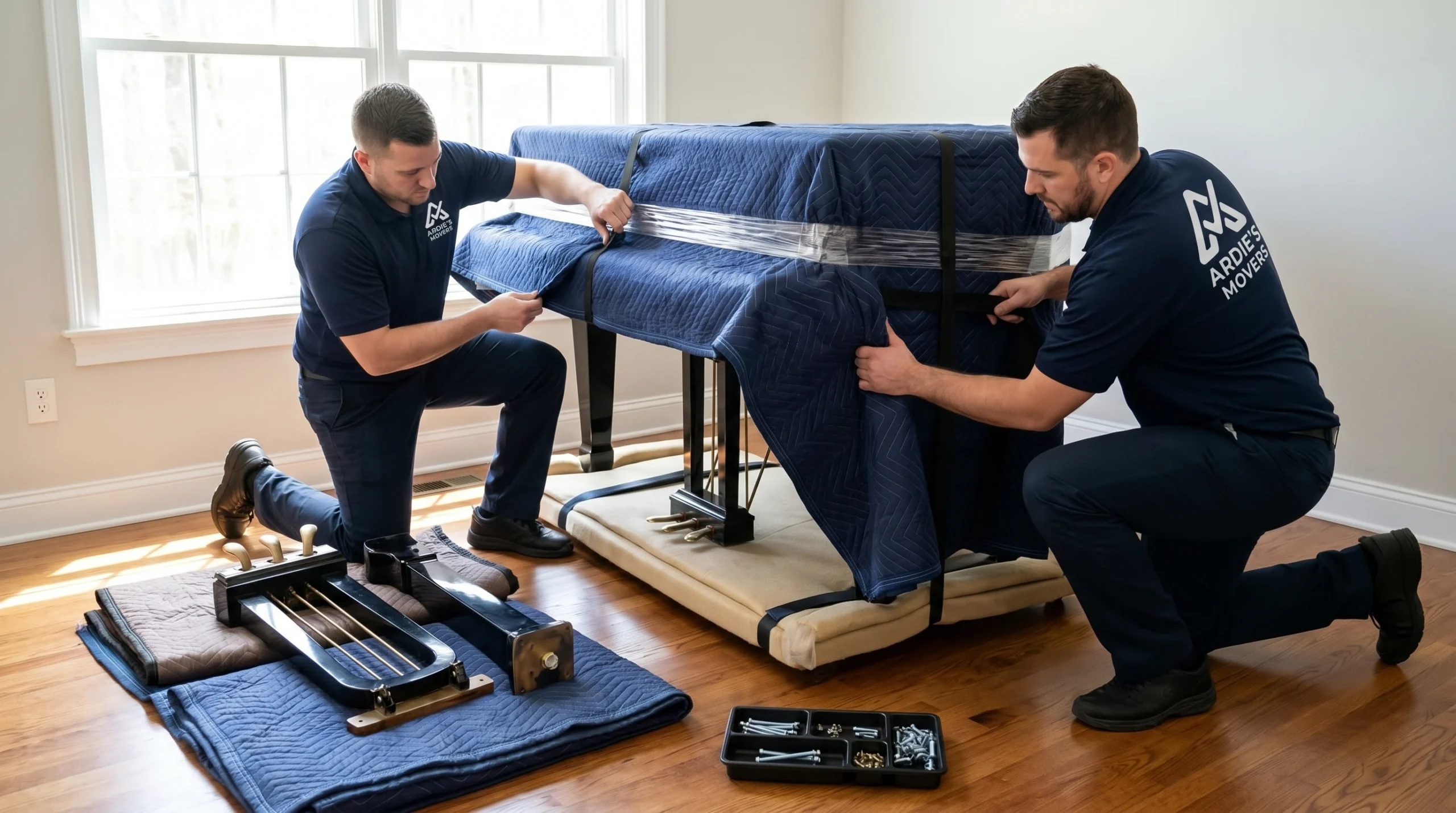 Movers protecting a grand piano on a skid after assessed component removal