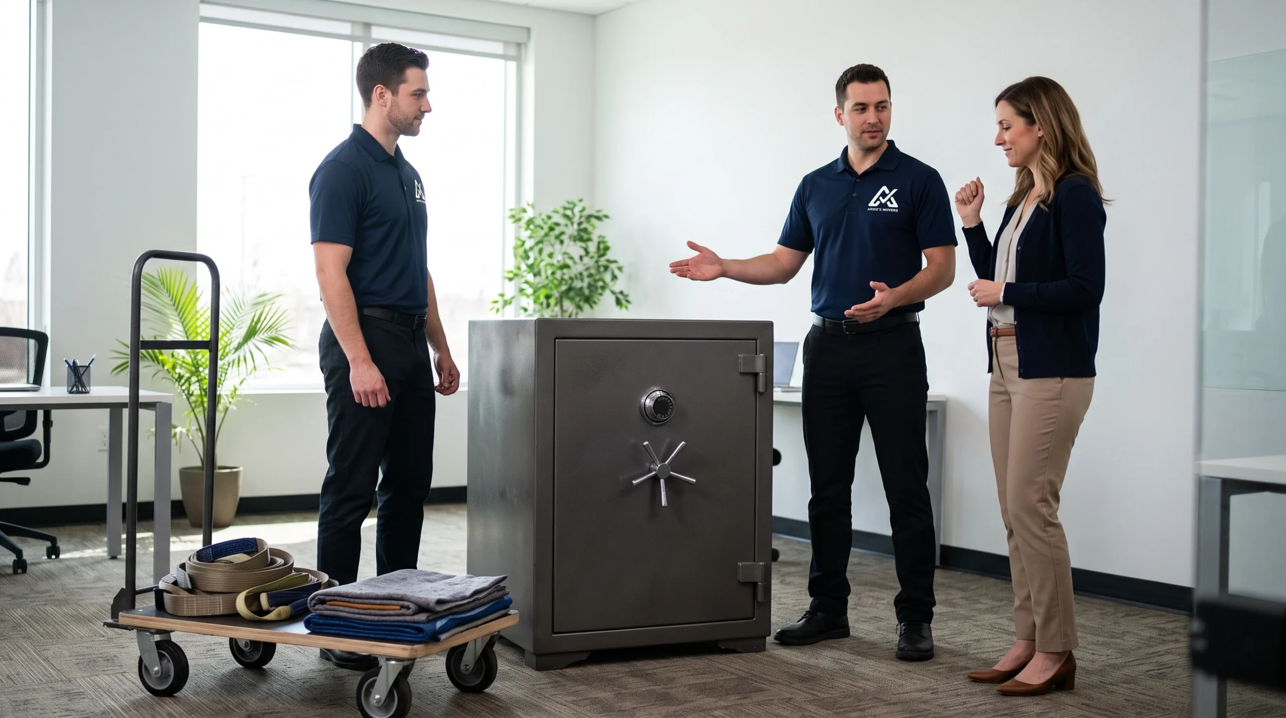 Movers measuring a closed heavy safe and assessing its weight, dimensions and surrounding space
