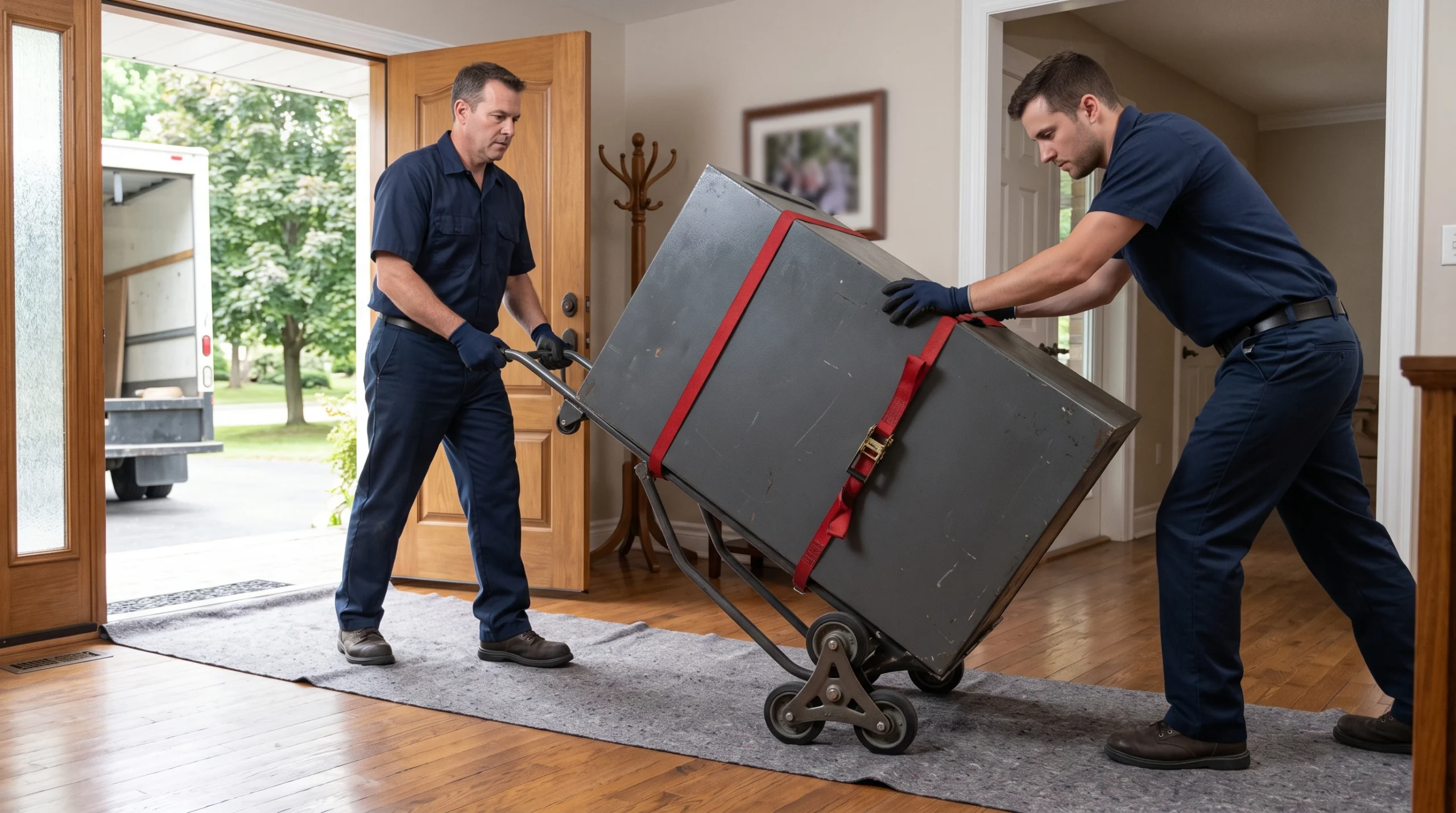 Safe movers using specialized equipment to transport a heavy safe in an Ottawa Valley home