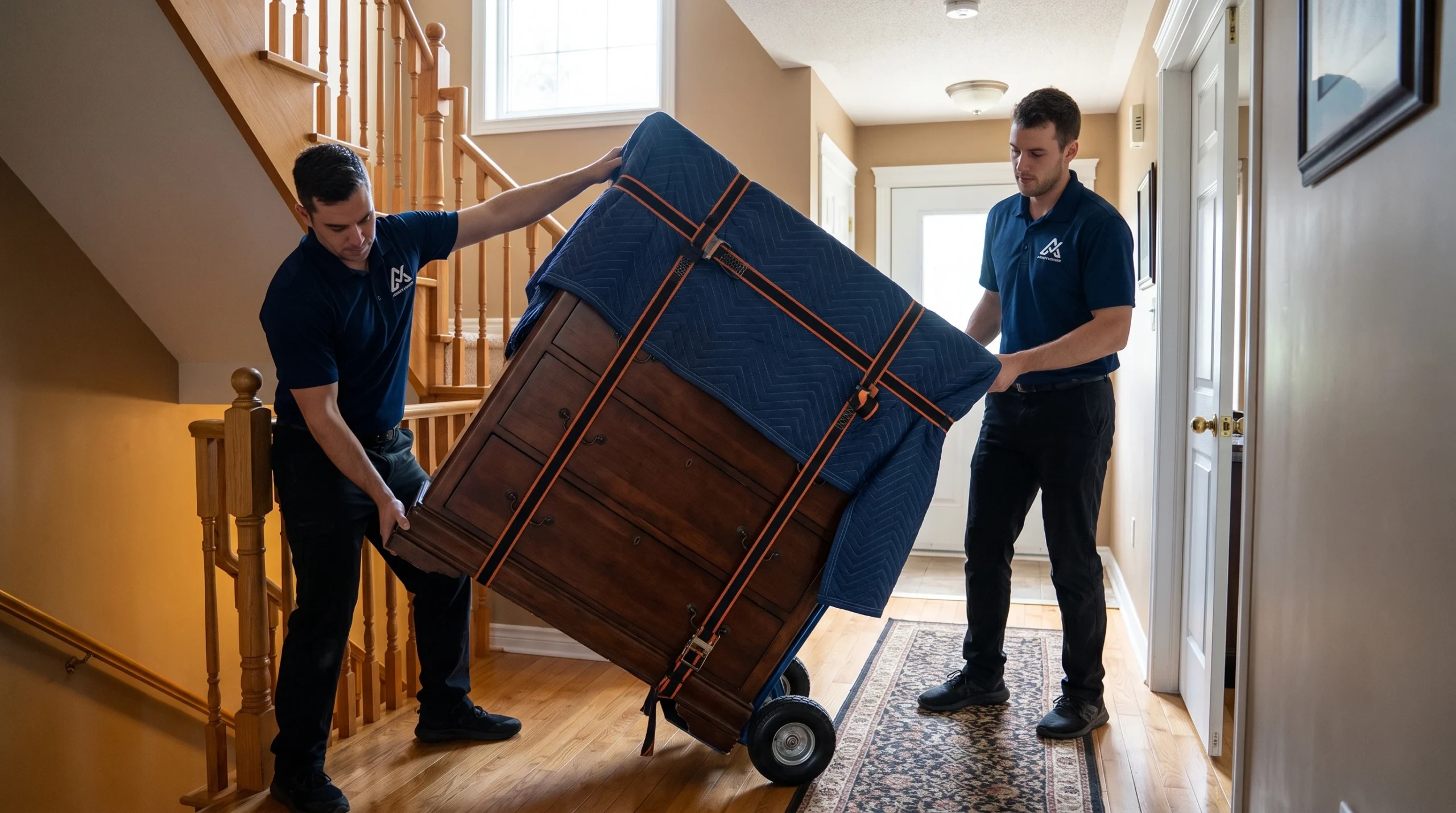 Moving crew using appropriate equipment for a heavy dresser near a staircase
