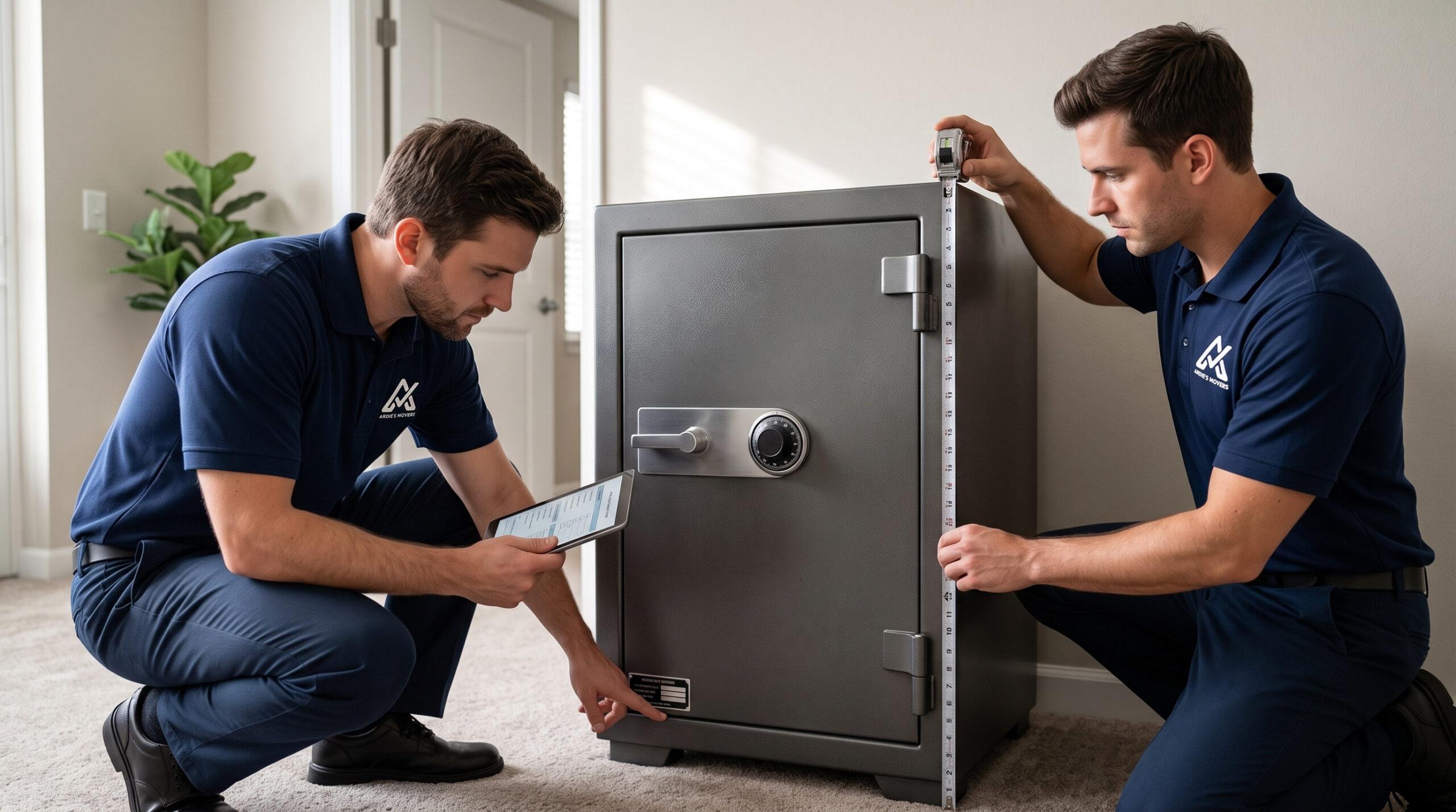 Safe movers measuring a doorway and reviewing a staircase route with heavy-duty equipment nearby
