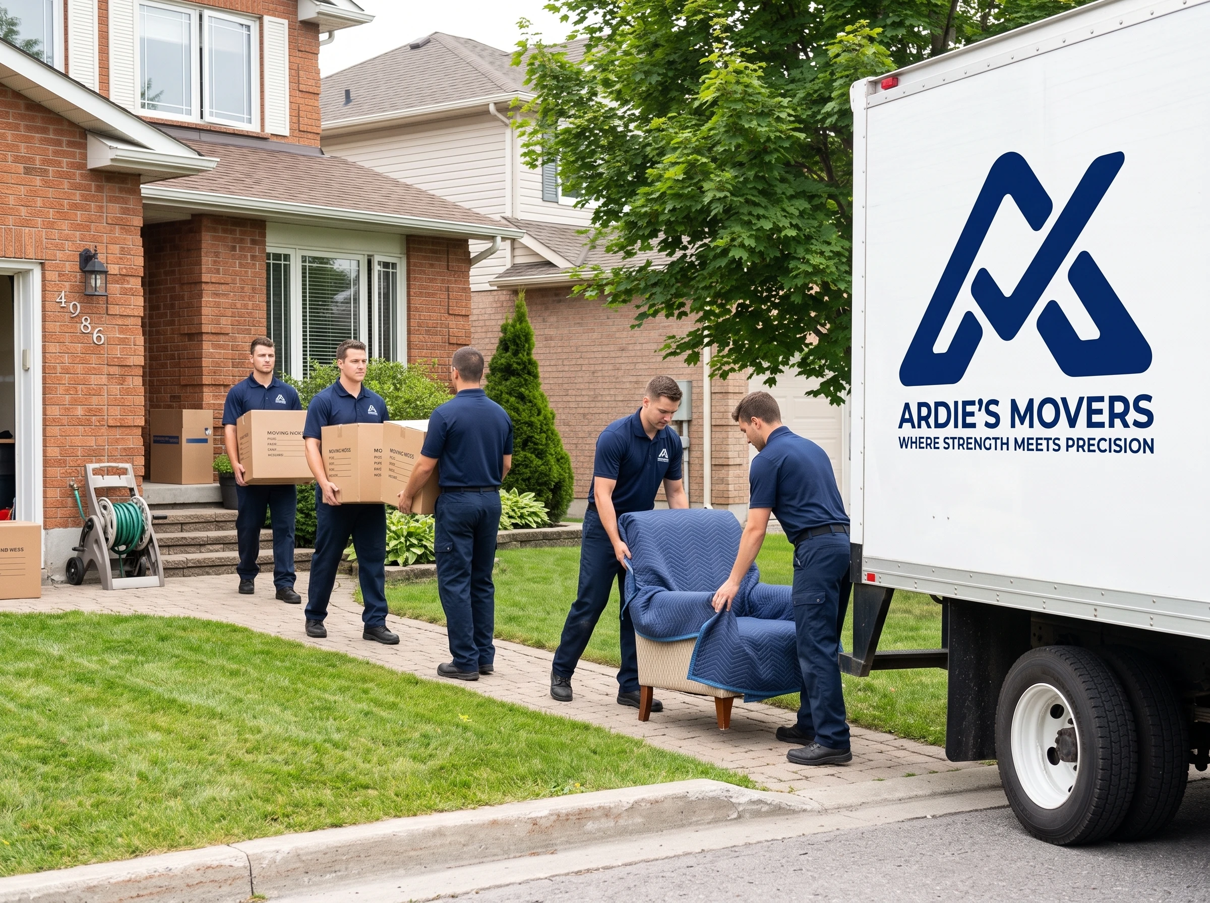 Residential movers carrying boxes and a protected armchair from an Ottawa Valley house