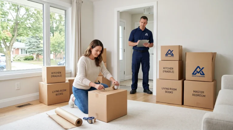 Homeowner sealing labelled moving boxes while an Ardie’s Movers crew member checks the clear access route