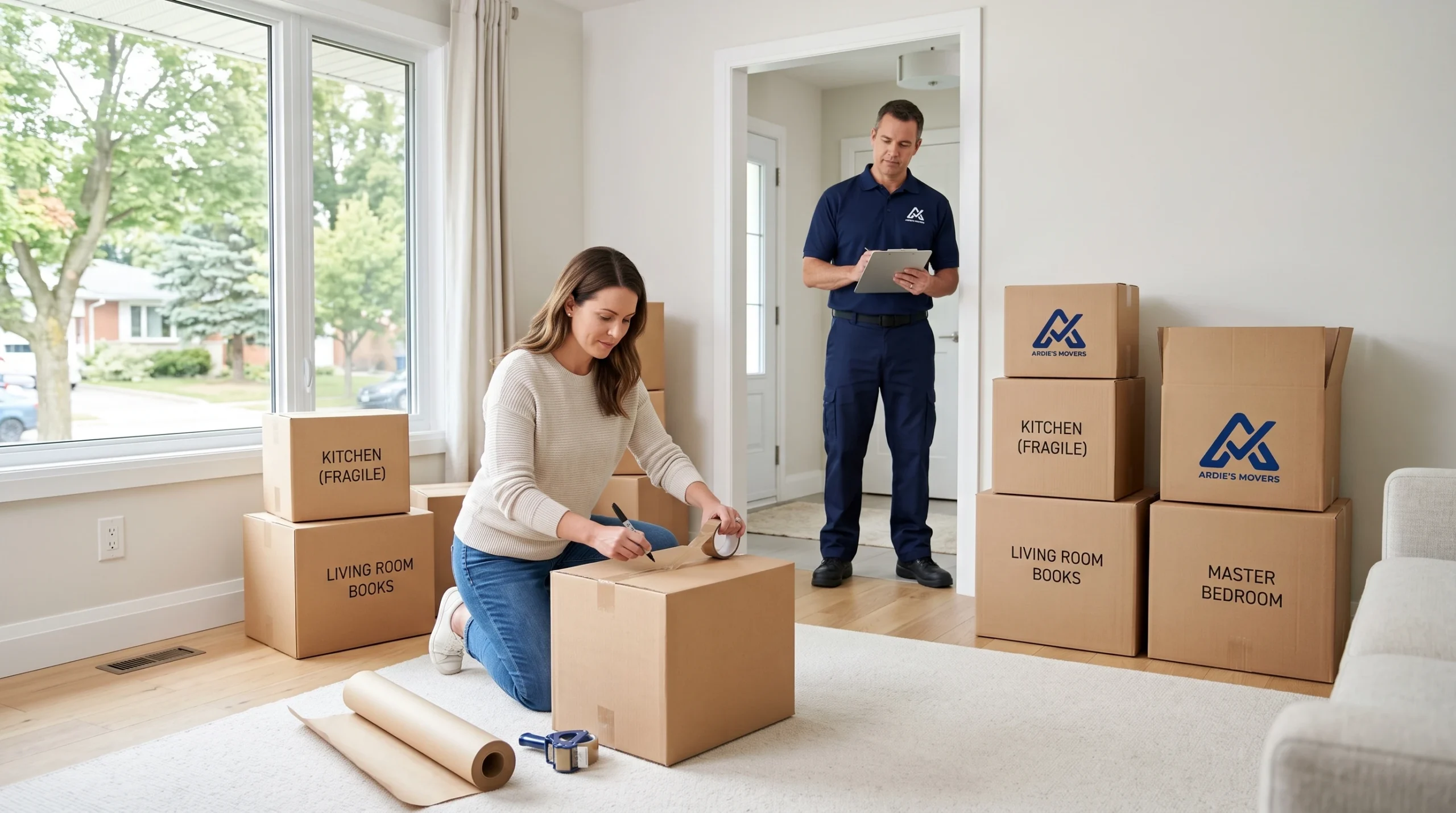 Homeowner sealing labelled moving boxes while an Ardie’s Movers crew member checks the clear access route